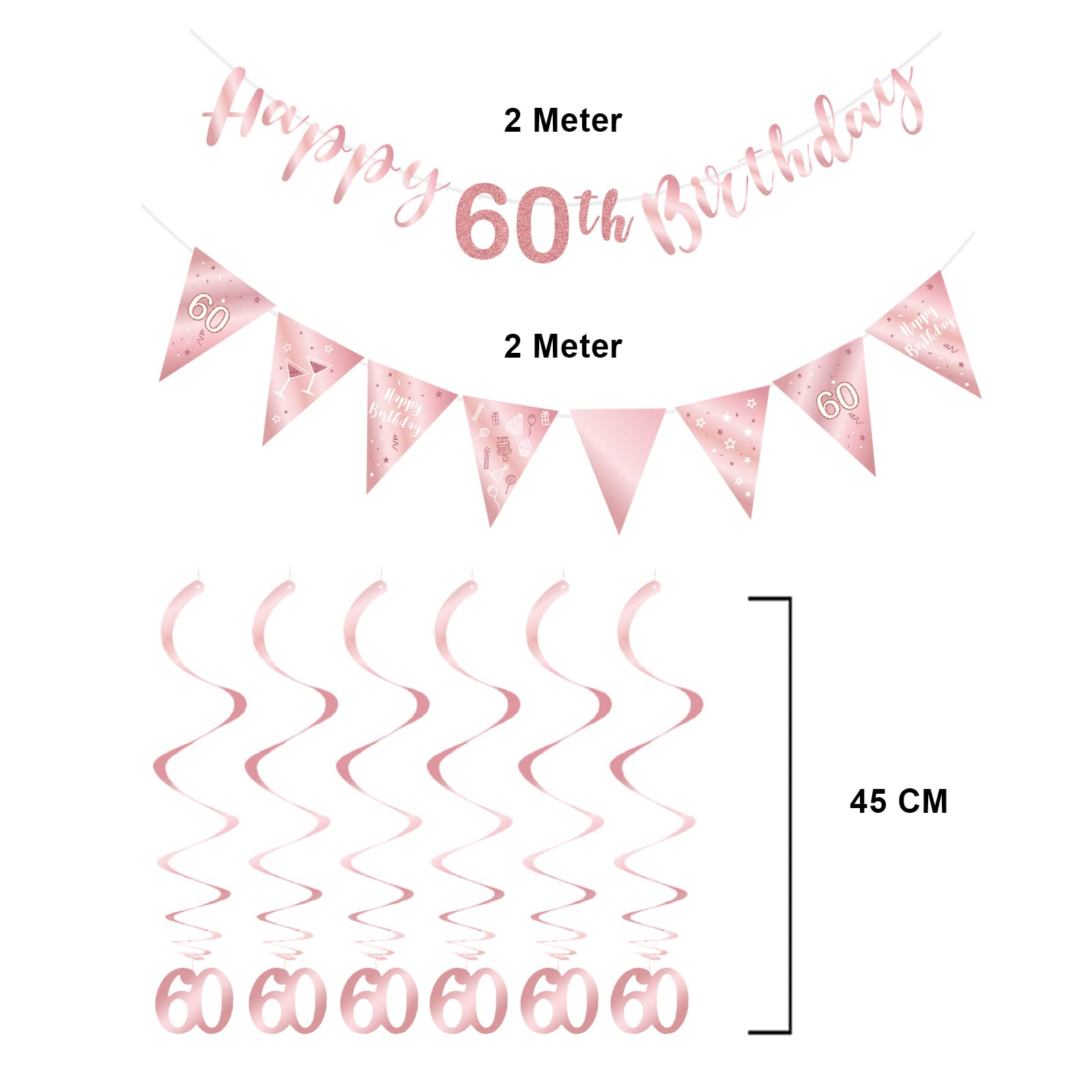 60th Birthday Party Decorations Kit for Women - Rose Gold Happy Birthday Banner, Bunting Swirls & Triangle Flags - Perfect for Milestone Celebrations, Retirement Parties & Anniversary Decor