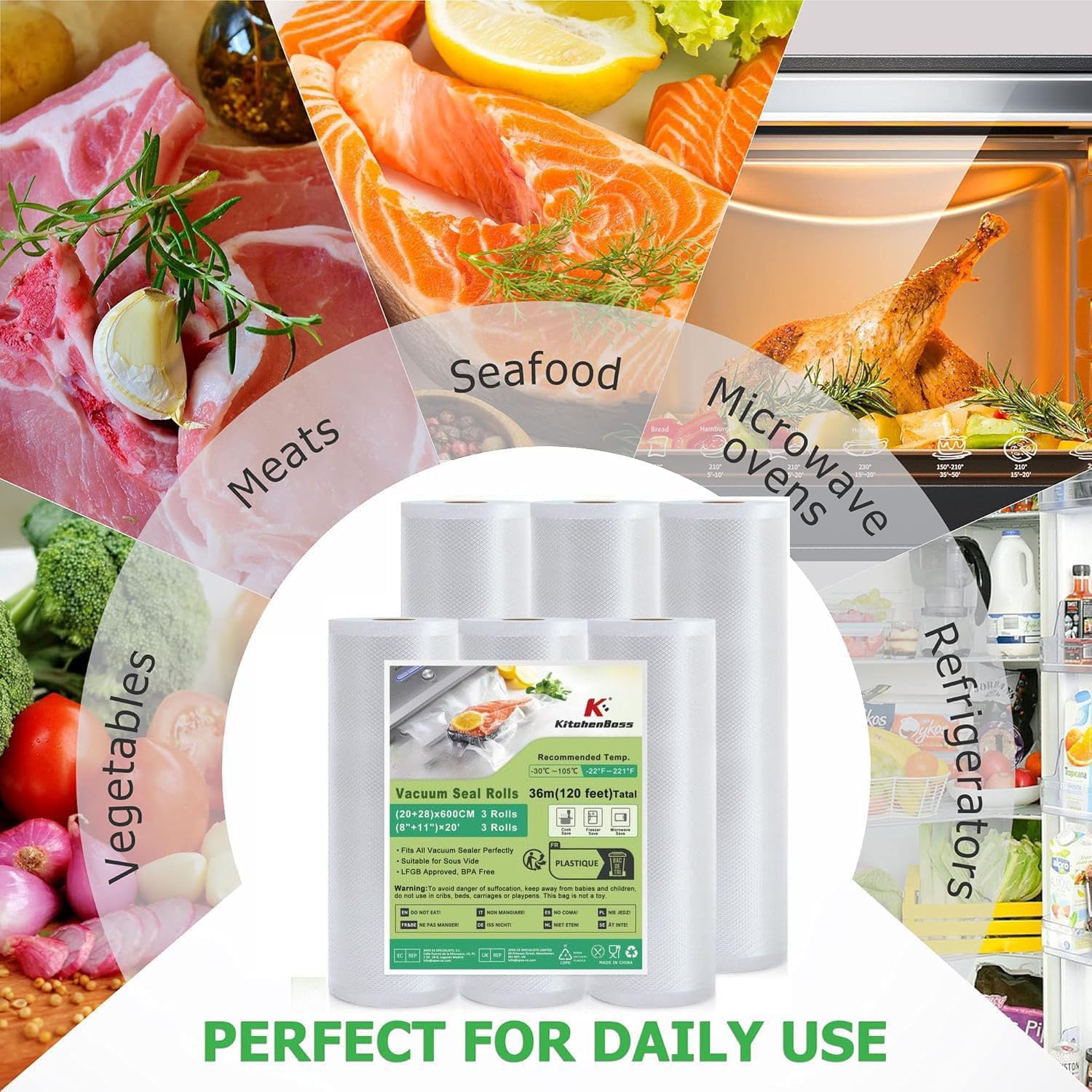 KitchenBoss Vacuum Sealer Bags Rolls - 6 Pack (3 Rolls 8