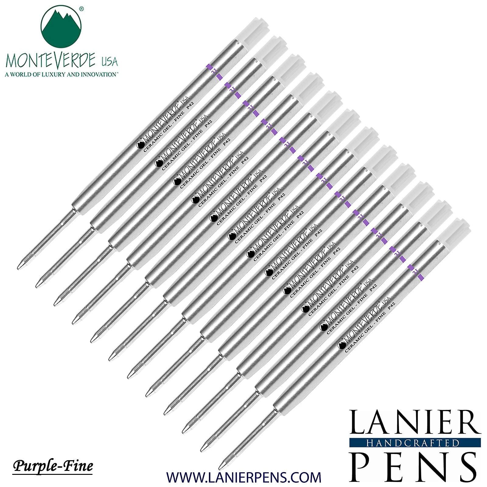 Monteverde® Capless Ceramic Gel™ P42 Ink Refill 12-Pack - Compatible with Parker® Style Ballpoint Pens - Purple Fine Tip 0.6mm - Smooth Writing for Office, School & Everyday Use
