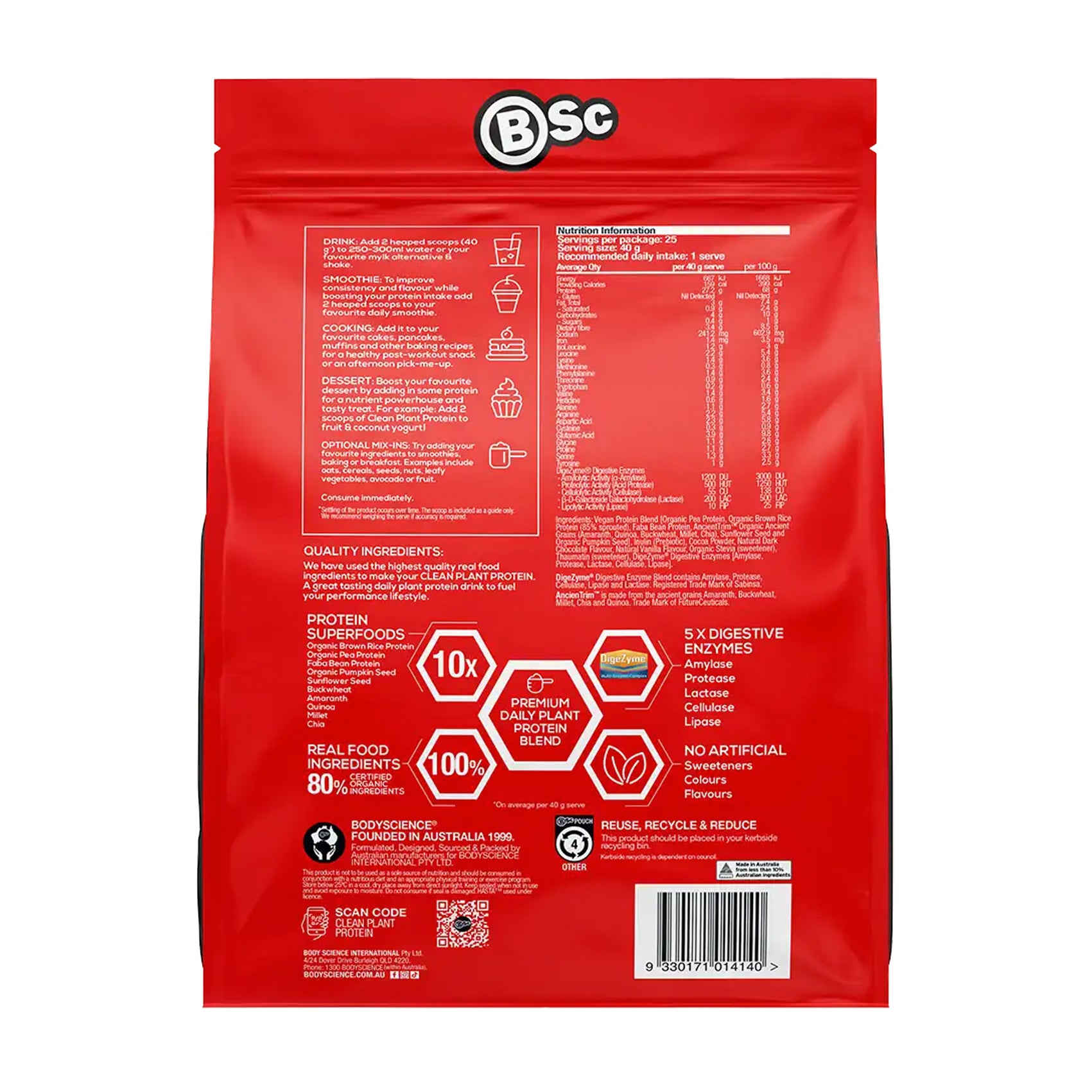 Body Science Clean Plant Protein Powder 1kg - Vegan Protein Supplement for Muscle Recovery & Weight Management | Ideal for Smoothies, Baking & Post-Workout