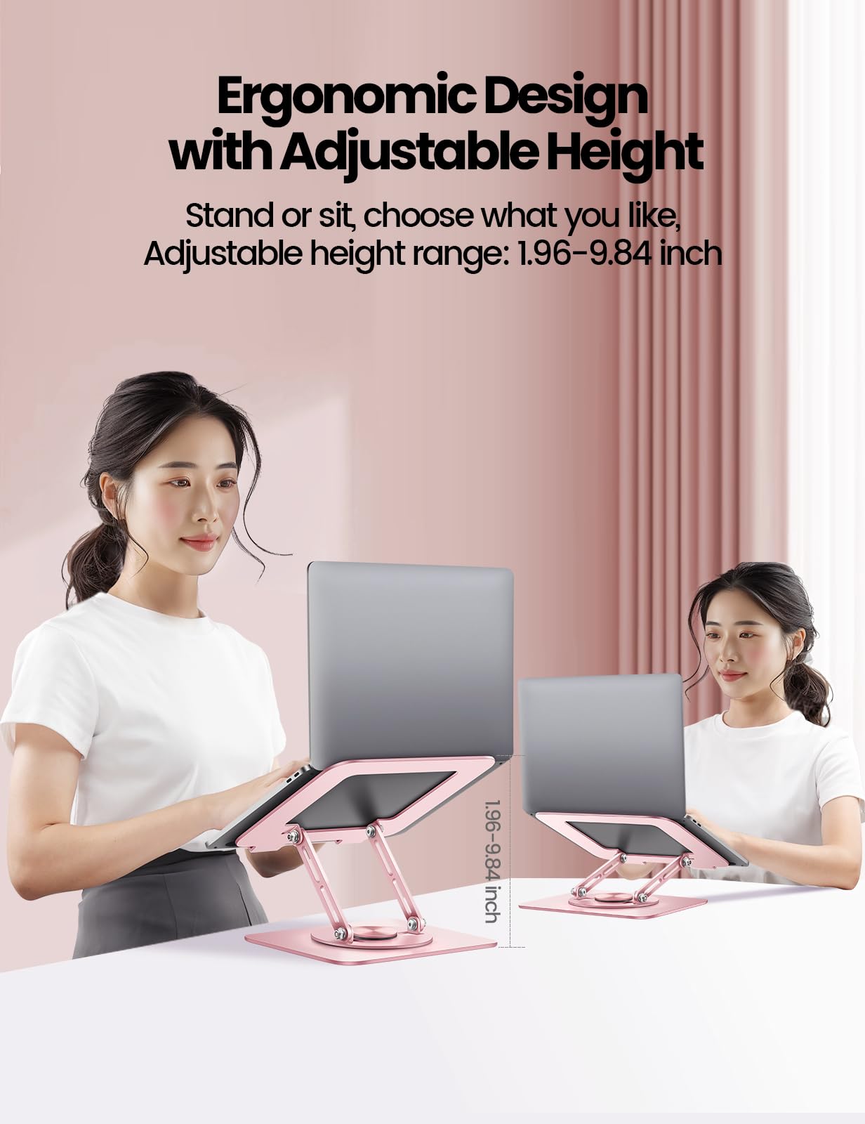 Vaydeer Adjustable Laptop Stand with 360° Rotation & Foldable Design - Ergonomic Laptop Riser for MacBook, Dell, HP 10-15.6 Inch Laptops (Pink) - Perfect for Home Office, Gaming & Workspace Setup