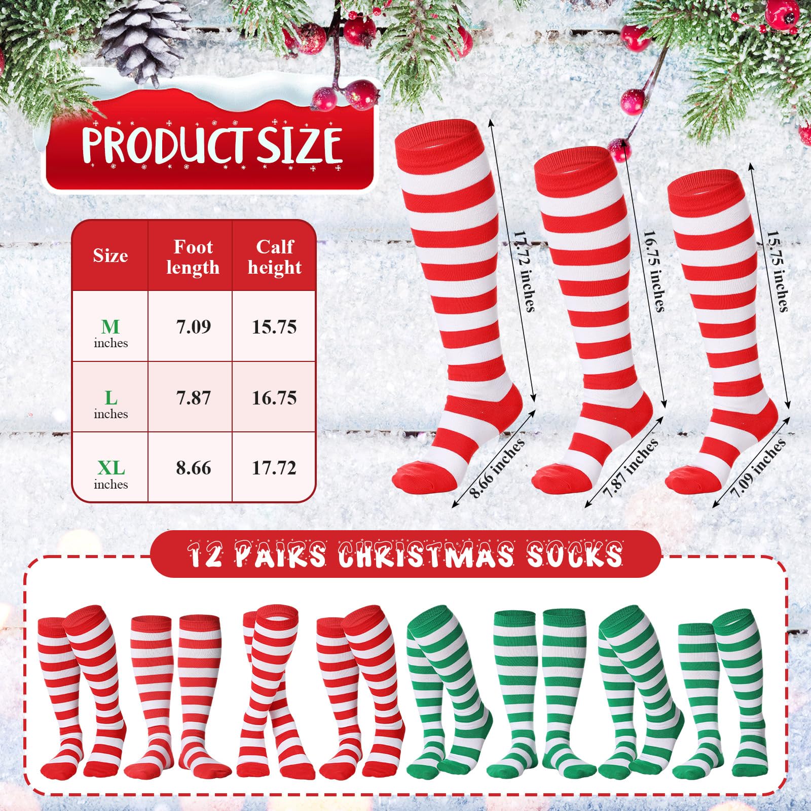 12 Pairs Christmas Socks for Women & Men - Festive Striped Knee High Stockings in Red & Green - Perfect for Holiday Gifts, Xmas Parties & Cozy Winter Wear