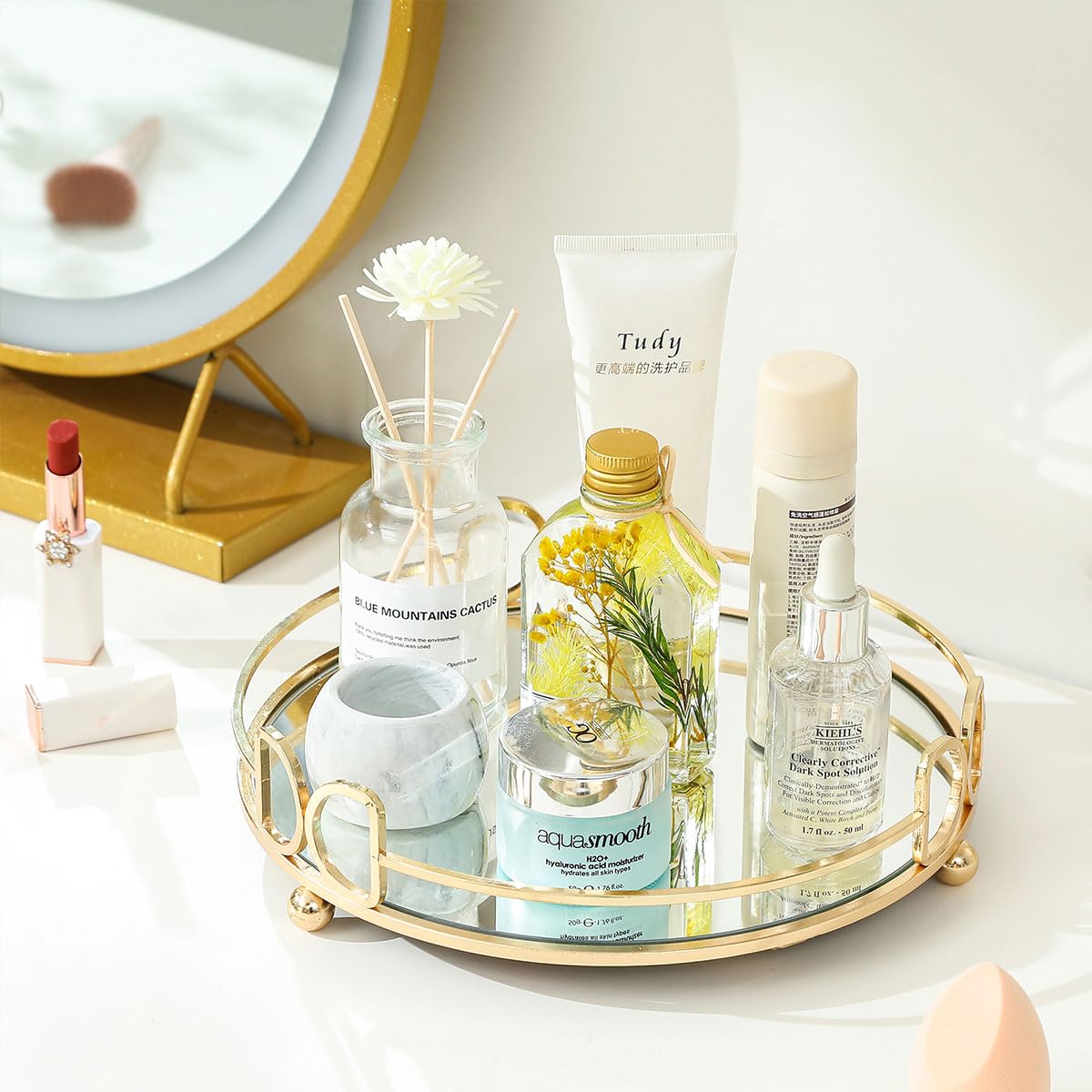 Elegant Round Gold Vanity Tray with Mirror & Bow Design - Perfect for Perfume Display, Jewelry Organizer & Bathroom Decor | Stylish Home Accessory for Dresser, Nightstand & Vanity Table