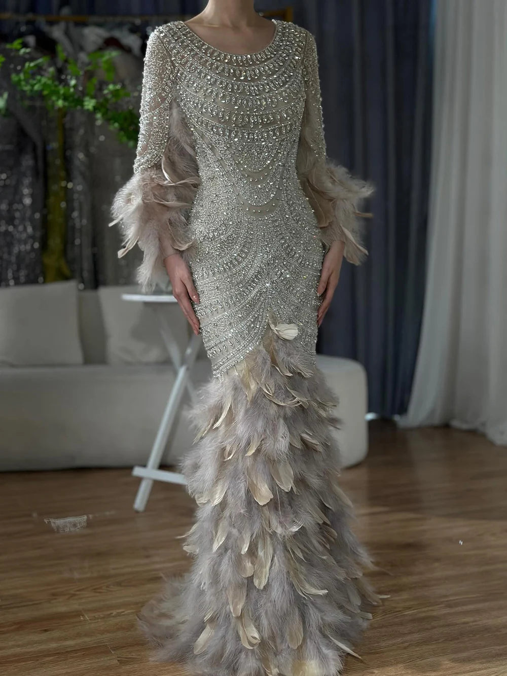 Luxury Dubai Nude Saudi Arabic Evening Gown with Beaded Feathers - Elegant Formal Dress for Women LA72736 | Perfect for Weddings, Galas & Special Occasions