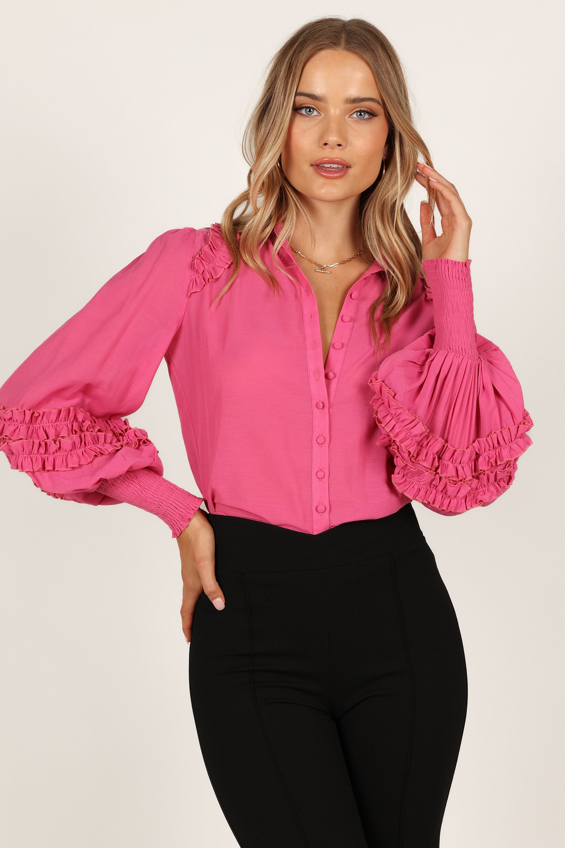Stylish Bettina Shirt in Fuchsia Pink - Trendy Women's Blouse for Work, Office & Casual Outfits