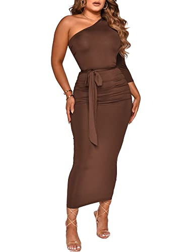 Vssjavun Women's Sexy One Shoulder Bodycon Dress - Ruched Long Sleeve Party Club Maxi Dress for Cocktail Nights, Evening Events & Date Nights | Elegant & Flattering Fit for Special Occasions