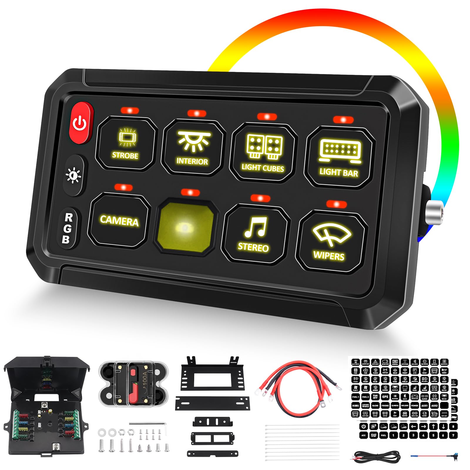 12V 8 Gang RGB LED Touch Control Switch Panel with Momentary, Dimmable & Strobe Function - Waterproof for Trucks, Jeep, Boat, Marine, SUV, Caravan, UTV, Pickup - Perfect for Off-Road Adventures & Marine Applications