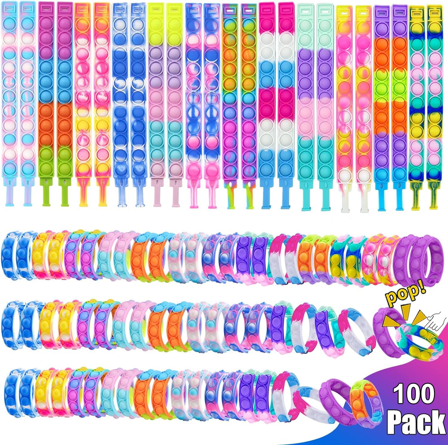 100Pcs Pop Bracelet Fidget Toys Pack - Fun Party Favors for Kids, Boys & Girls - Perfect for Easter, Christmas Gifts & Classroom Prizes - Stress Relief & Sensory Toys for School, Travel & Home Play