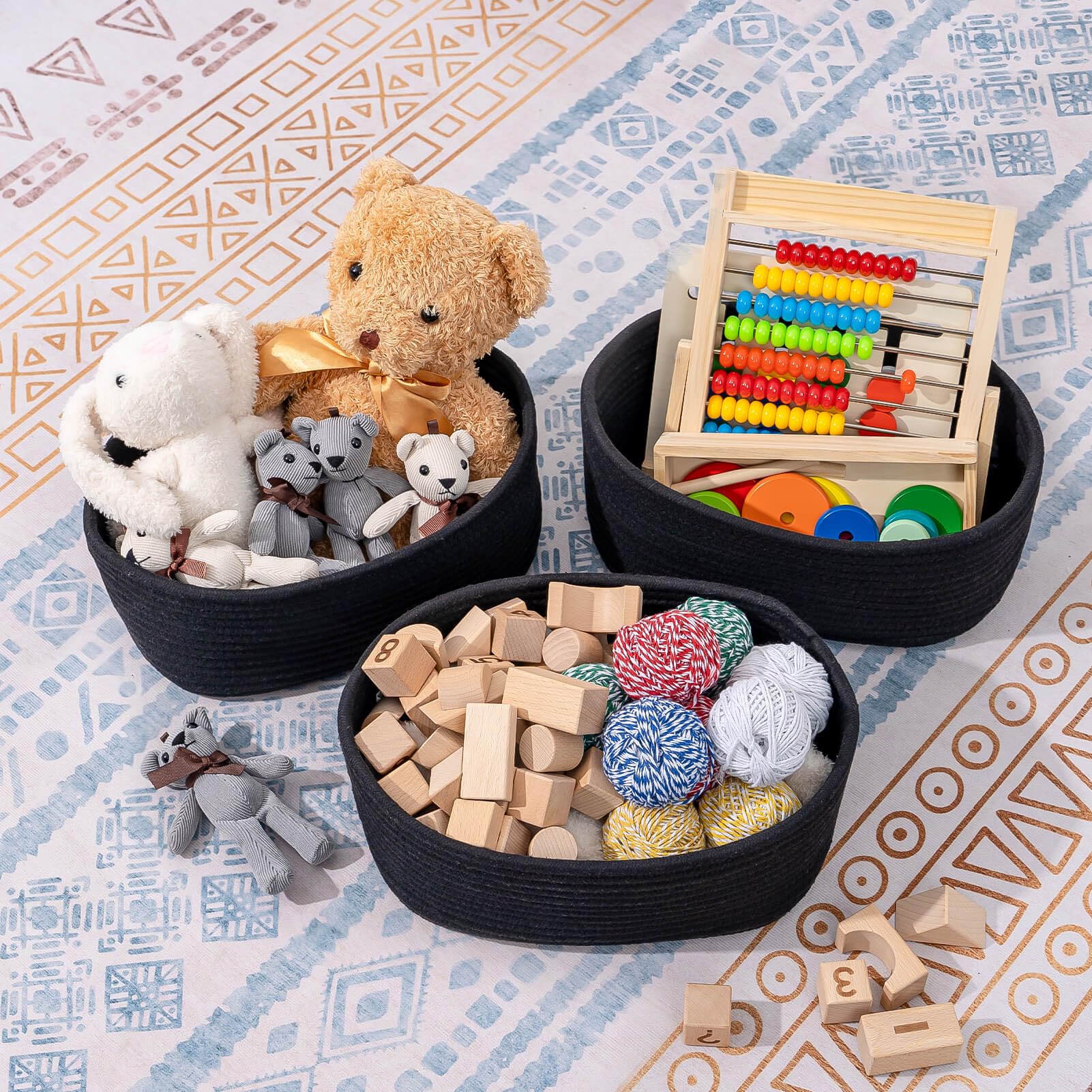 CubesLand Small Woven Storage Baskets - 12 x 8 x 5 Inch Black Organizer Bins for Shelves, Nursery, Home Decor | Perfect for Storing Baby Items, Soft Toys & Home Organization