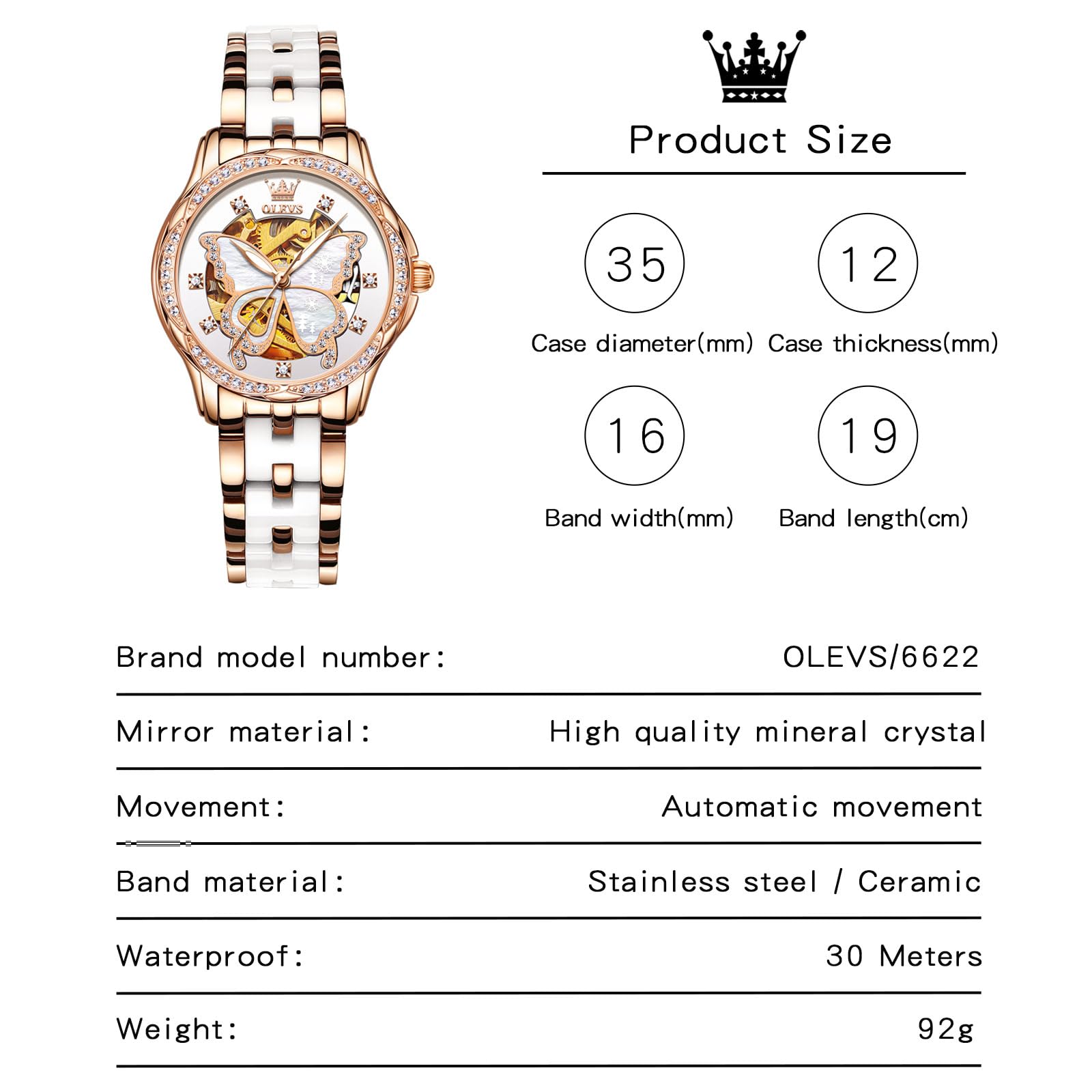 OLEVS Women's Luxury Diamond Automatic Self-Winding Watch - Elegant Stainless Steel & Ceramic Dress Watch with Luminous Hands, Waterproof for Daily Wear - Perfect for Business, Party & Special Occasions