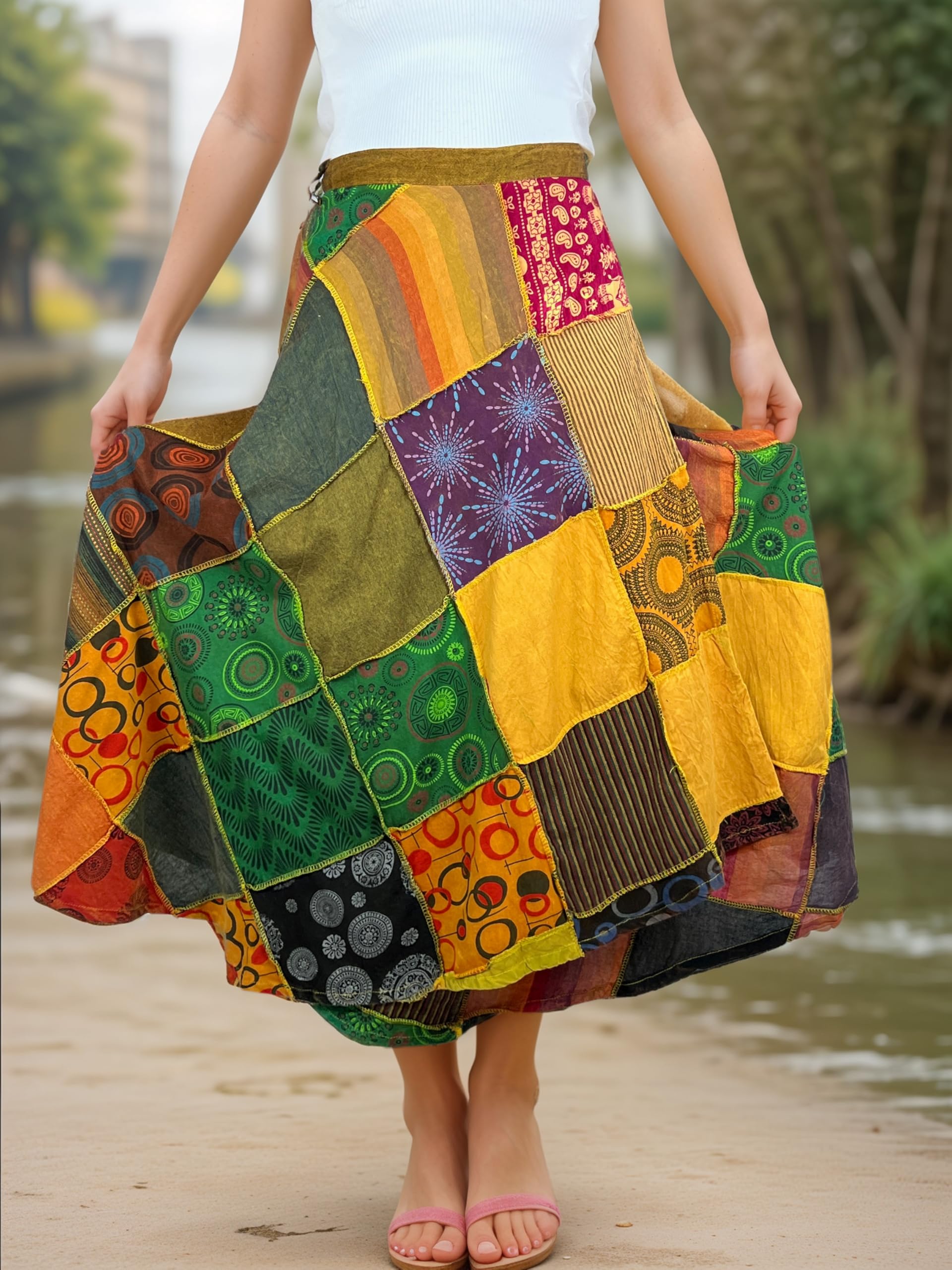 Agan Traders Women's 2025 Spring & Fall Boho Maxi Skirt - High Waisted Long Wrap Skirt with Patchwork & Tie Up Detail | Perfect for Beach, Festival & Bohemian Fashion Outfits