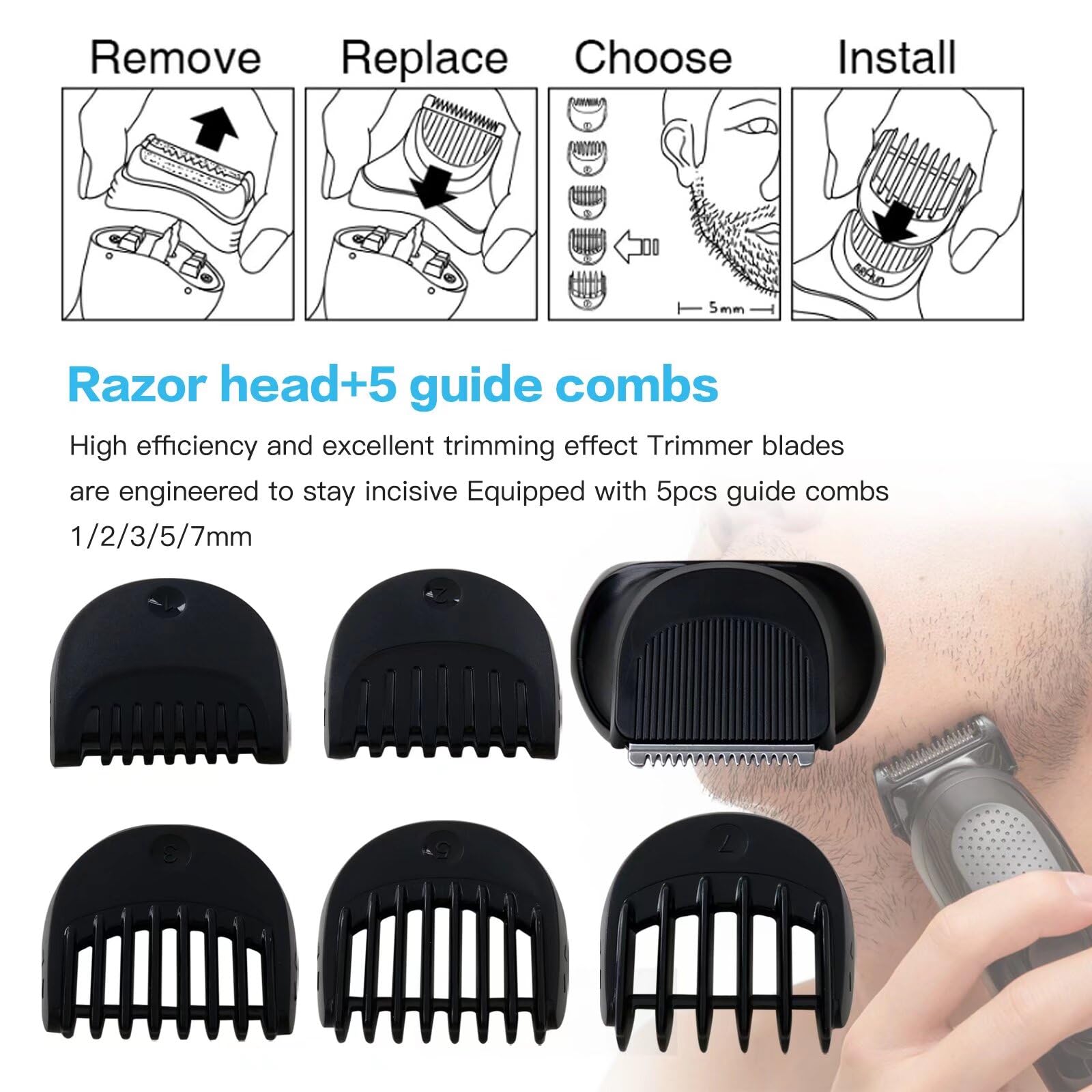 Braun Series 3 Replacement Shaver Head with 5 Guide Combs (1/2/3/5/7mm) - Electric Razor Trimmer Replacement for Men - Perfect for Travel, Daily Shaving & Beard Trimming