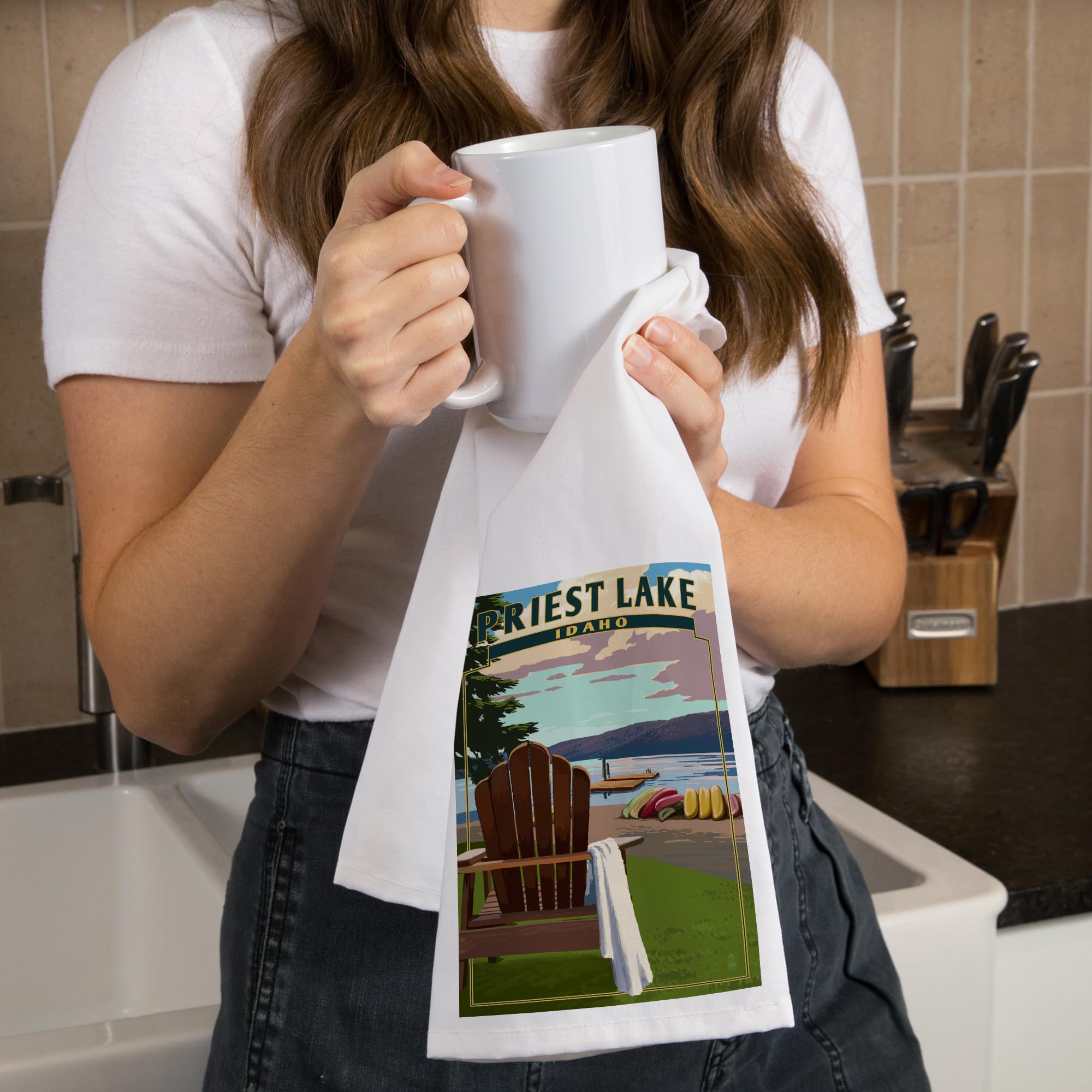 Lantern Press Priest Lake Idaho Cotton Tea Towel - 100% Cotton Decorative Hand Towel for Kitchen, Bathroom & Home Decor - Perfect for Dish Drying, Gift Giving & Cabin Decor