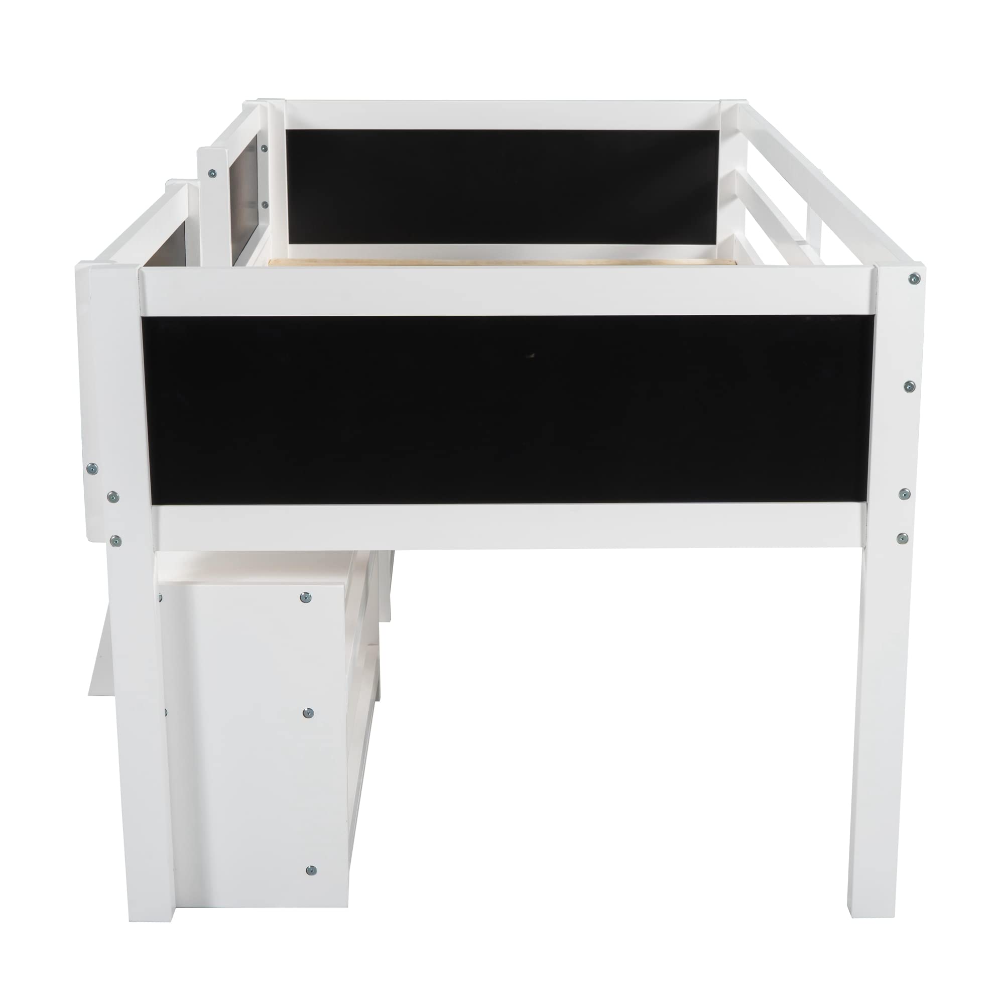 Twin Size Loft Bed with 2 Movable Shelves & Ladder - Wooden Low Frame Kids Bed with Decorative Guardrail & Chalkboard - No Box Spring Needed - White (78.3