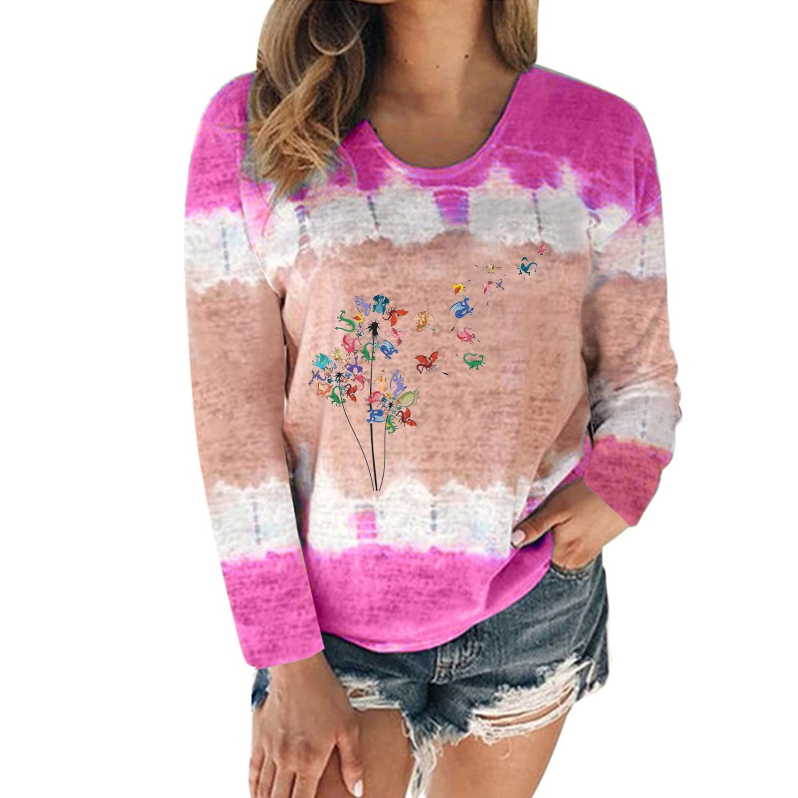 Tie Dye Long Sleeve T-Shirt for Women - Space Print Crew Neck Top - Sizes S to 2XL - Soft Cotton Casual Shirt for Everyday Wear, Festival Outfits & Boho Style Fashion