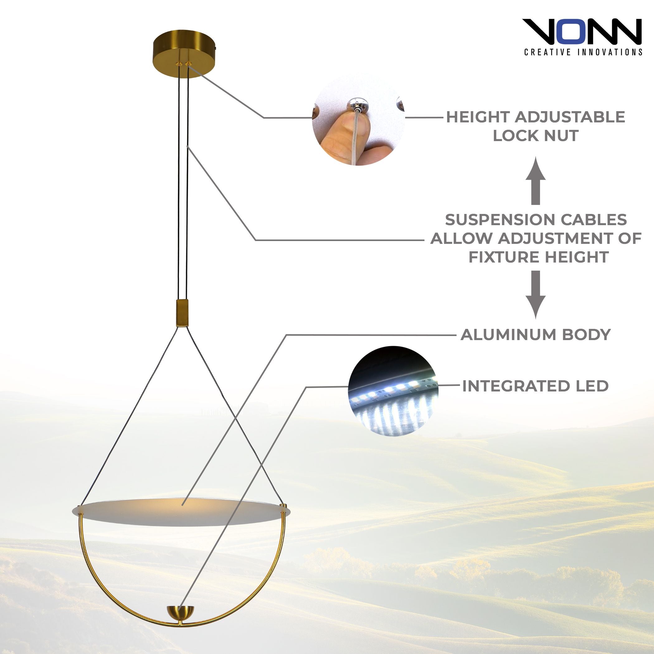 VONN Artisan Como16 VAP224H1AB Integrated LED Pendant Light in Antique Brass - Modern Kitchen Island Lighting & Dining Room Ceiling Fixture