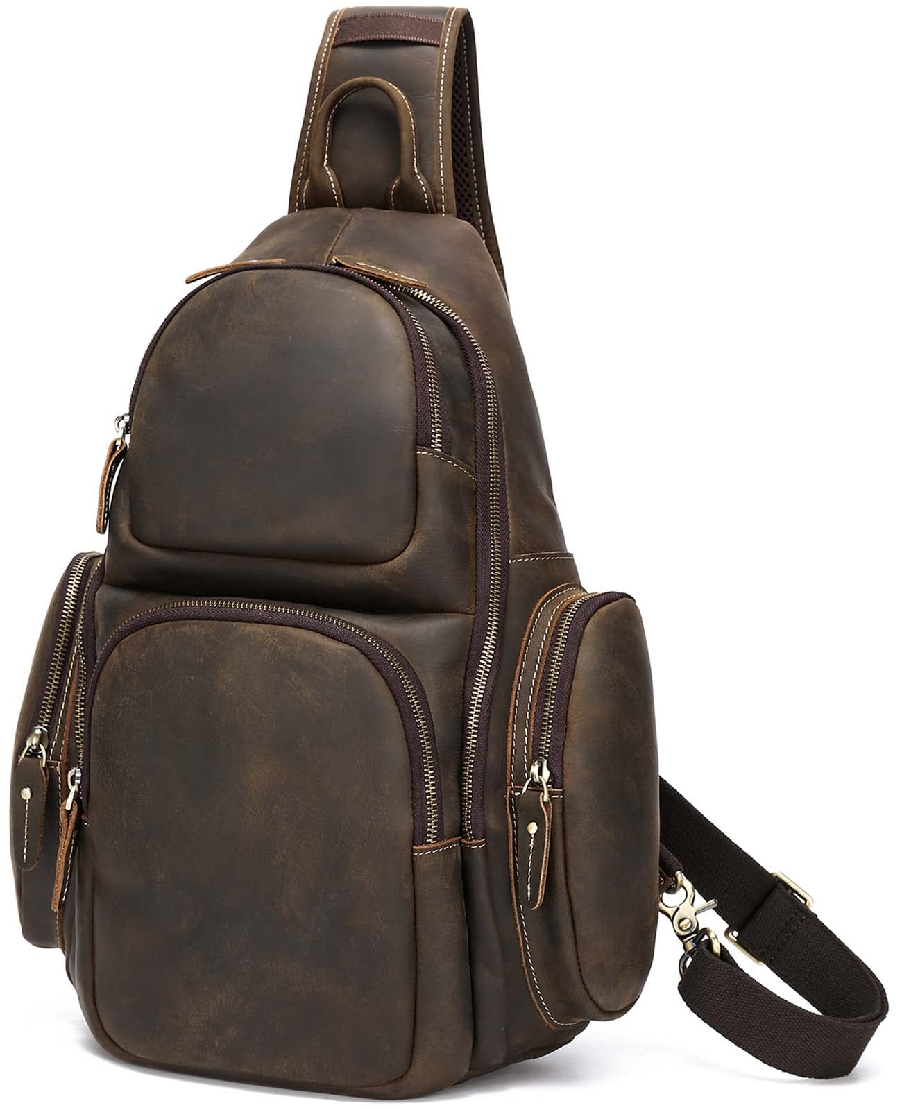 Premium Full Grain Genuine Leather Crossbody Sling Bag - Fits 14 Inch Laptop, 17L Capacity Travel Backpack for Men & Women - Brown - Perfect for Work Commute, Weekend Getaways & Daily Essentials