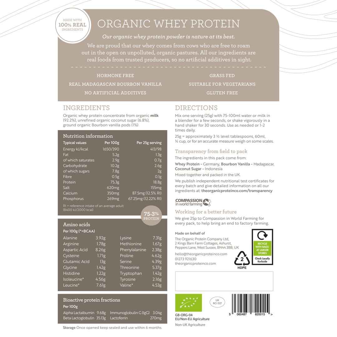 Organic Whey Protein Powder - Madagascan Vanilla Flavor | Grass-Fed, Gluten-Free, Vegetarian, Additive-Free Protein Supplement for Muscle Recovery & Weight Management - Perfect for Post-Workout Shakes & Healthy Smoothies - 400g