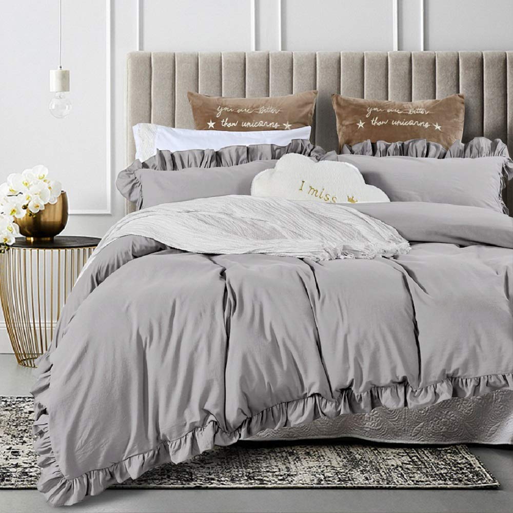 3-Piece Washed Cotton Duvet Cover Set with Ruffles & Zipper Closure - Full Size Grey Shabby Chic Bedding for Cozy Bedroom Decor