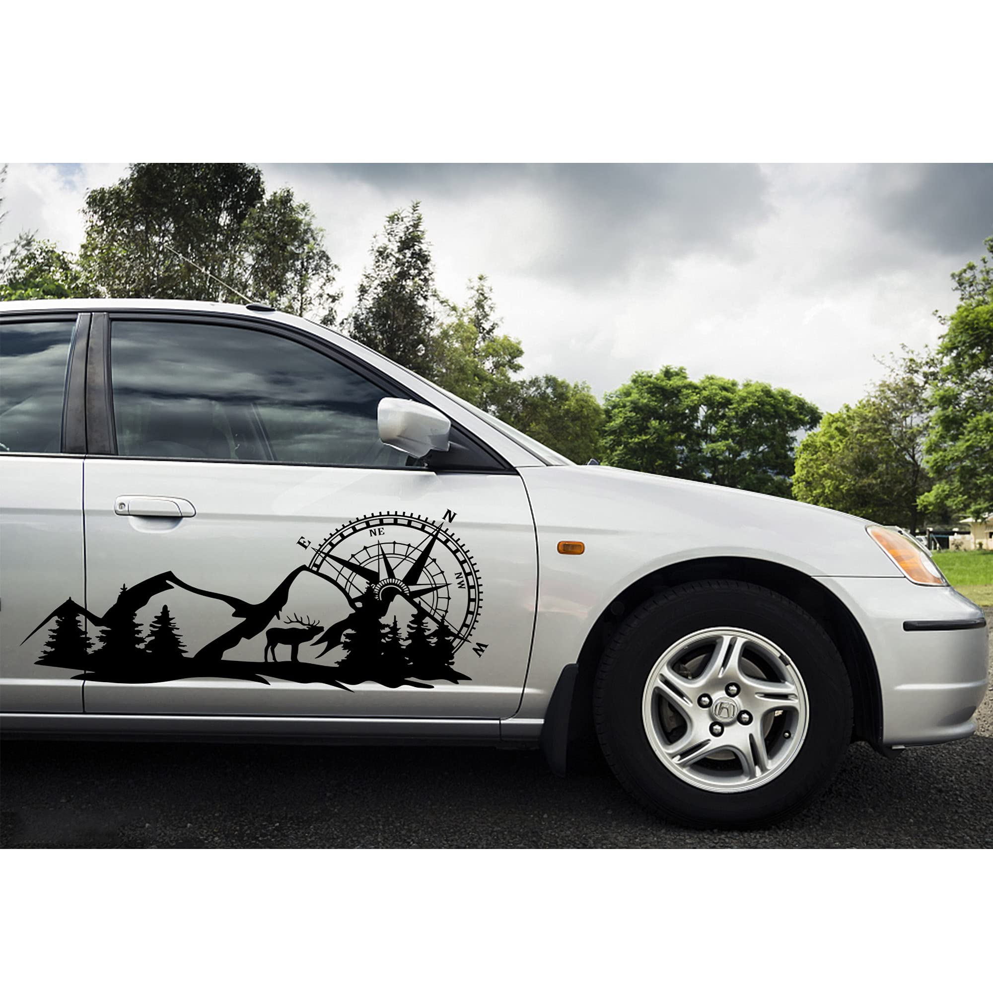 Mountain Car Vinyl Sticker - 55x21 Inch Compass Forest Graphic Decal for Car & Truck, Universal Scratch Hidden Design, Black - Perfect for Outdoor Adventures & Road Trips