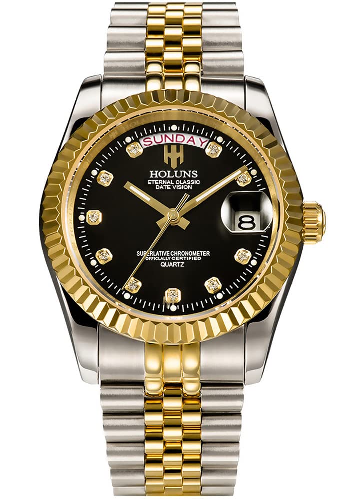 LOREO Men's Luxury Gold Quartz Watch with Diamond Dial, Stainless Steel Bracelet & Sapphire Glass - Classic Dress Watch, Date Display, Waterproof - Perfect for Business, Formal Events & Gifts