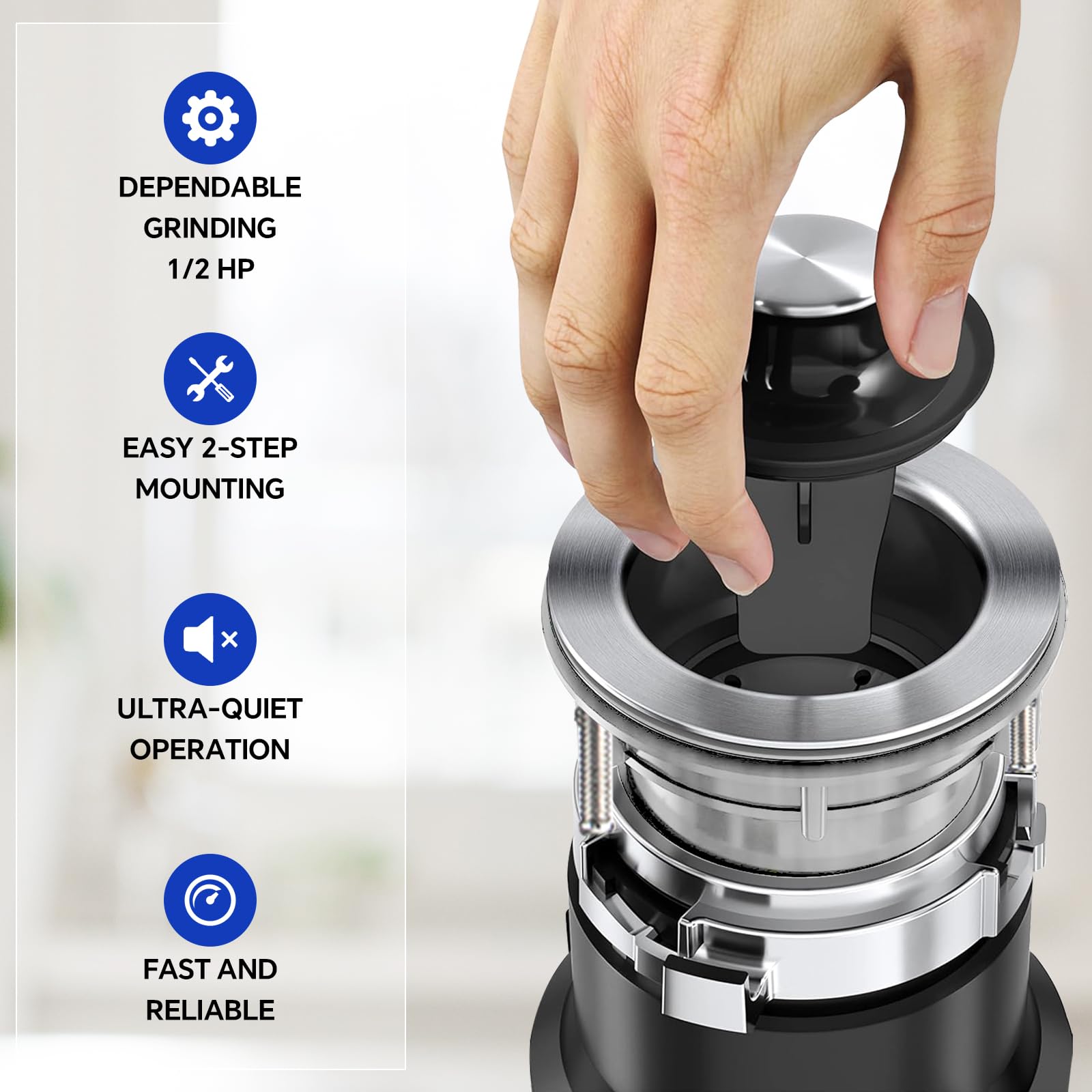 1/2 HP Garbage Disposal for Kitchen Sink - 3 Bolt Mount Grinding System with Power Cord, Splash Guard & Drain Kit | Badger Waste Disposal Unit | Perfect for Home Kitchen Waste Management & Dishwasher Connection