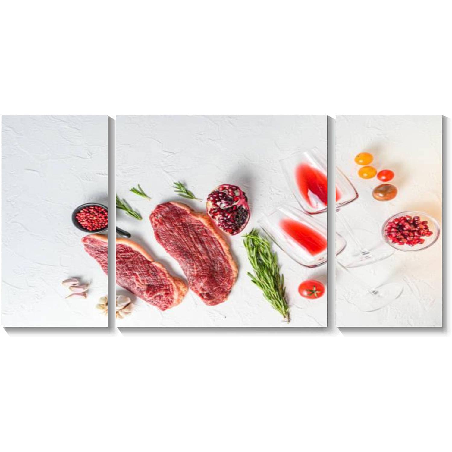 3 Panel Canvas Wall Art - Organic Picanha Beef Steaks with Rosemary & Peppercorns, Pomegranate Framed Print - Modern Kitchen & Dining Room Decor, Ready to Hang Painting for Food Lovers