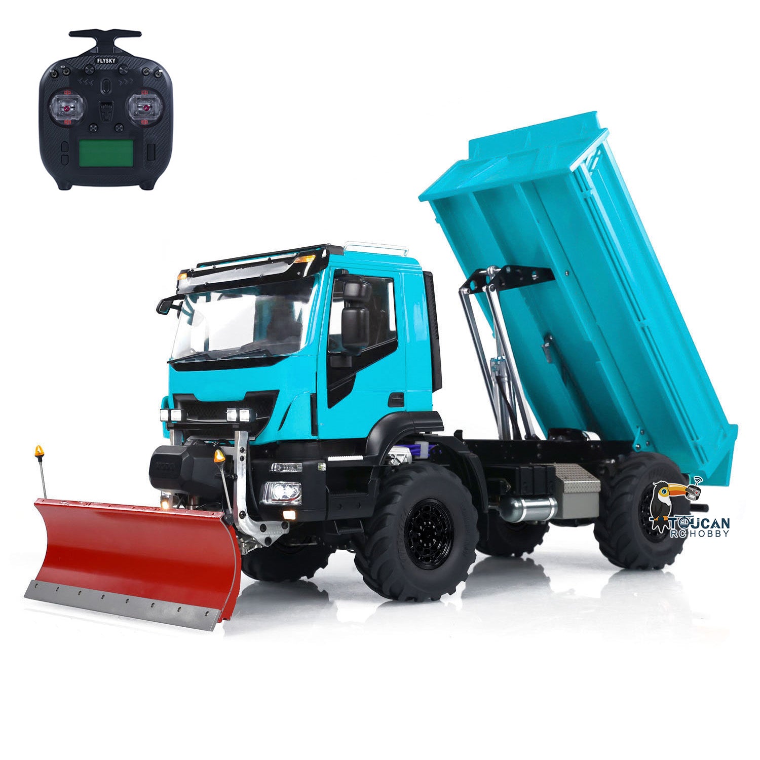 1/14 Scale 4x4 Metal RC Hydraulic Dump Truck with Remote Control - Snow Plow & Tipper Function, FlySky ST8 Controller, LED Lights & Sound Effects - Perfect for Construction Play, Winter Snow Removal & Off-Road Adventure