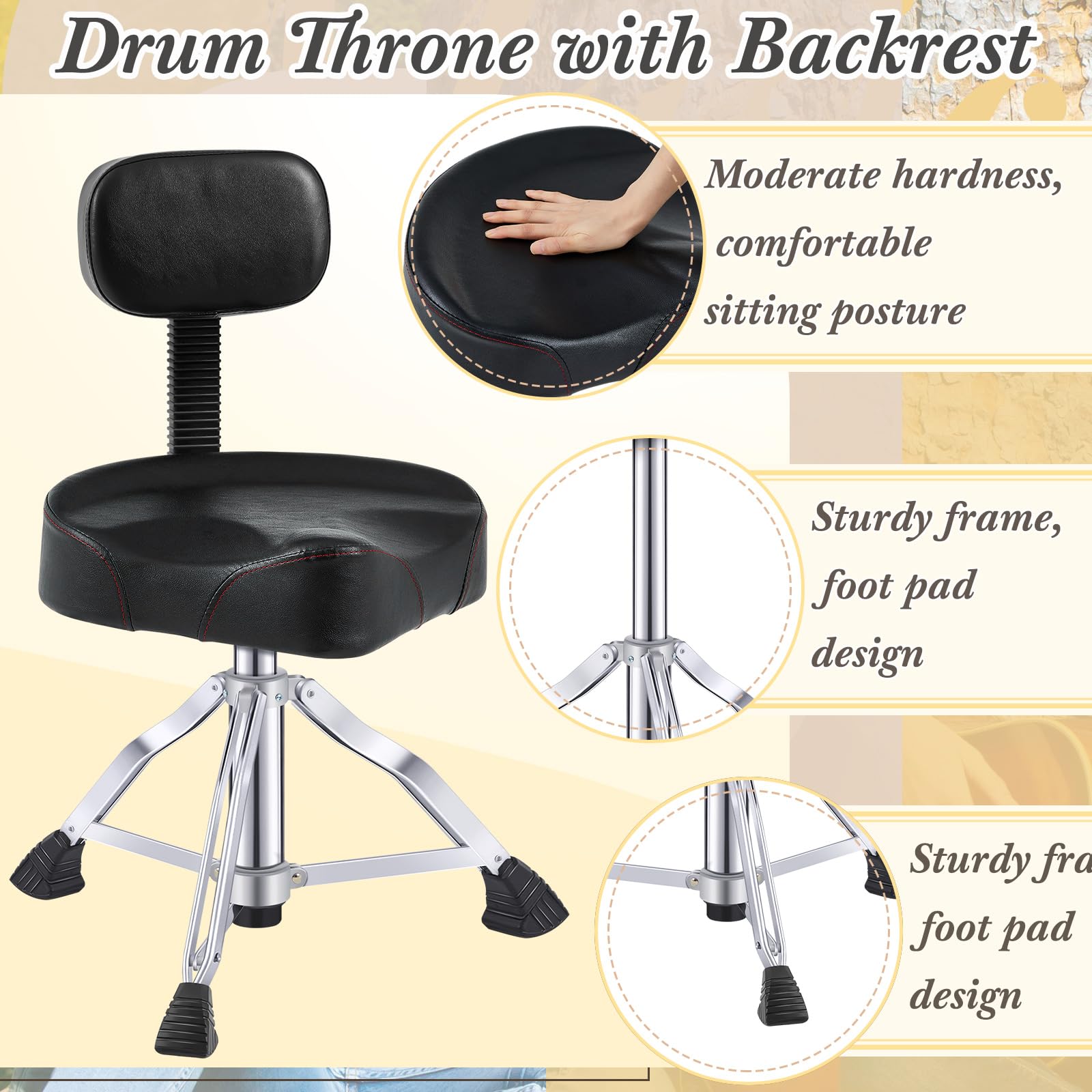 **Sintuff Adjustable Hydraulic Drum Throne with Backrest - Padded Memory Foam Seat, Stable Bass Design for Drummers & Guitarists - Perfect for Home Studios, Live Gigs & Practice Sessions (Black, Classic)**