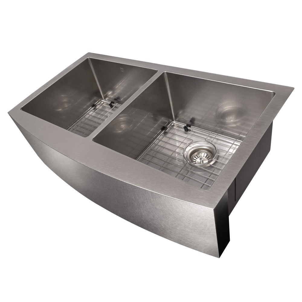 ZLINE 36-Inch Farmhouse Apron Front Double Bowl Stainless Steel Kitchen Sink with Bottom Grid - SA50D 36S - Perfect for Rustic & Modern Kitchens, Renovations & DIY Installations