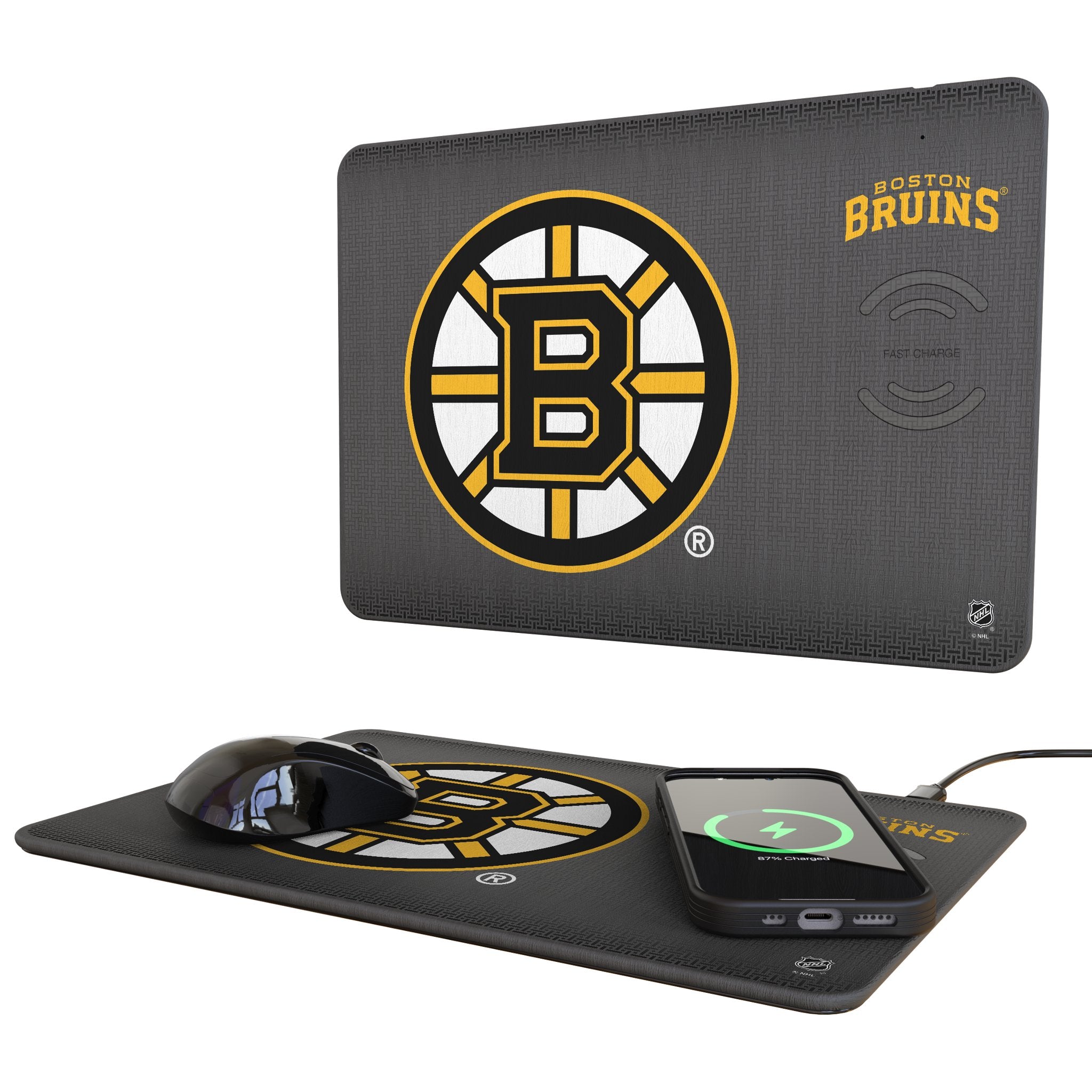 Boston Bruins Linen 15W Fast Wireless Charger & Mouse Pad - Perfect for Office, Gaming & Home Desk Setup