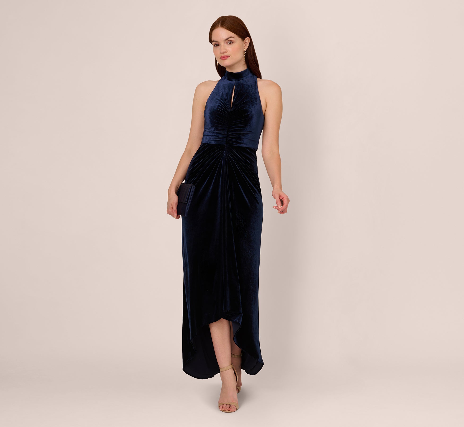 Elegant Velvet High-Low Halter Gown with Cutout Mock Neck in Midnight Blue - Perfect for Evening Parties, Prom Dresses & Formal Events