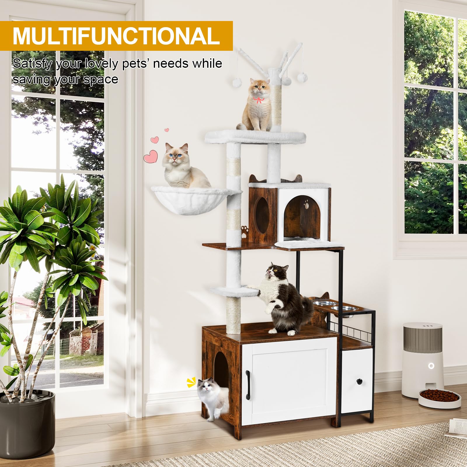 Snughome 3-in-1 Modern Cat Tree with Hidden Litter Box Enclosure - All-in-One Cat Tower Furniture for Indoor Cats Featuring Condo, Food Station & Hammocks (Rustic Brown) - Perfect for Small Spaces & Multi-Cat Households
