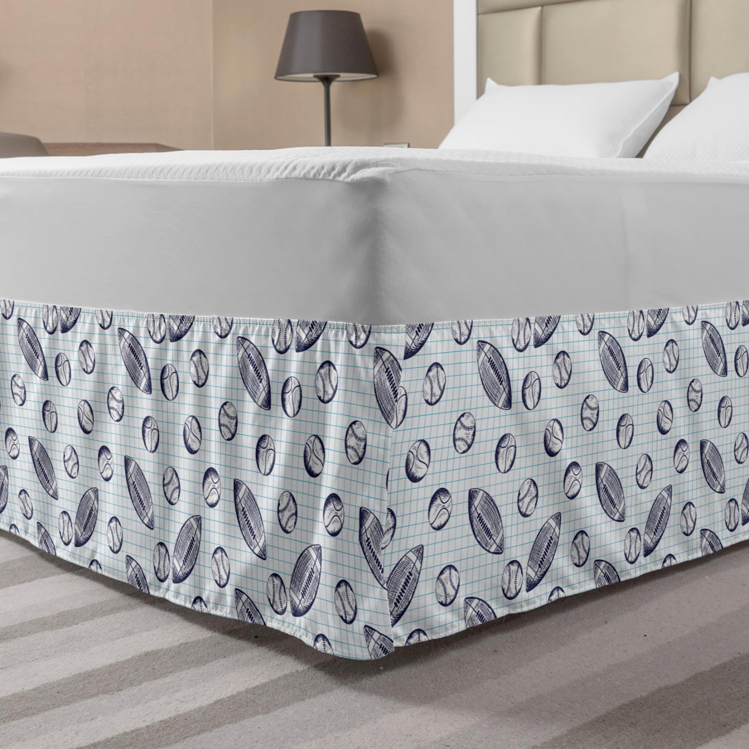 Ambesonne Queen Size Baseball Themed Elastic Bed Skirt - Pigskin & Baseball Checkered Design in Indigo & Pale Blue - Wrap Around Dust Ruffle for Bedroom Decor - Perfect for Sports Fans, Game Rooms & Themed Bedrooms