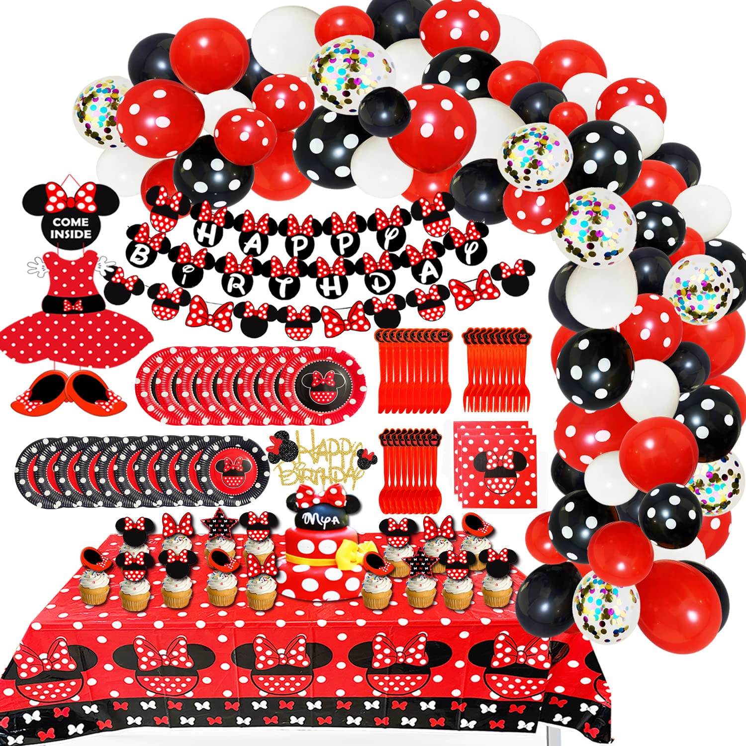 Minnie Mouse Birthday Party Decorations Kit - Includes Happy Birthday Banner, Balloon Arch, Garland, Door Sign, Tableware & Cake Toppers for 1st, 2nd, 3rd, 10th Birthday - Red & Black Theme for 10 Guests - Perfect for Girls' Birthday Celebrations & Disney Themed Parties