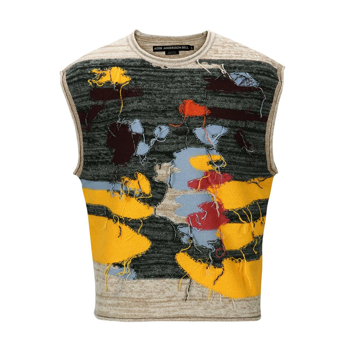 Blotch Intarsia Crewneck Vest for Women - Beige Multi Color Knit Sweater Vest, Casual Fall Winter Layering Piece for Outfits | Perfect for Office, Date Night & Cozy Home Wear