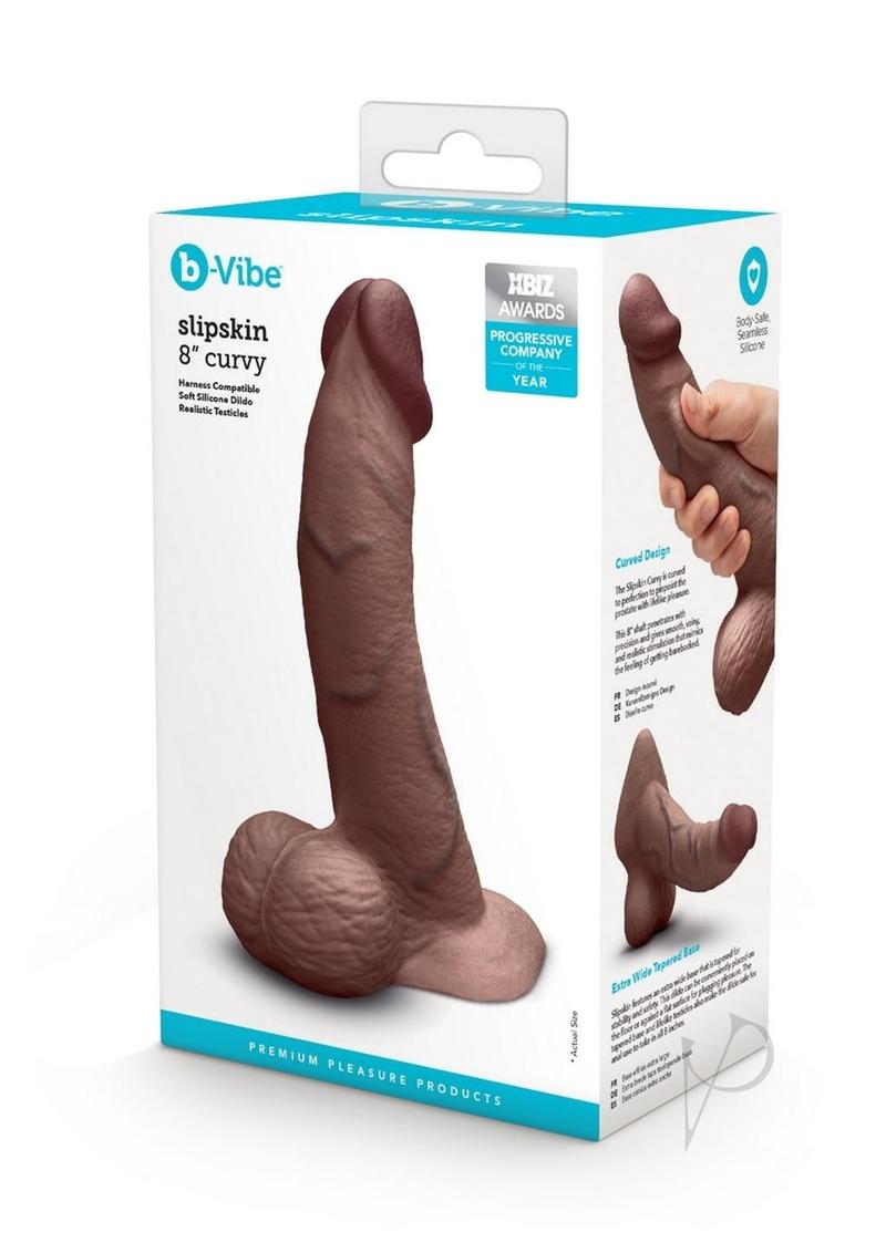 B Vibe Slipskin Realistic Silicone Curved Dildo 8 Inch - Chocolate Color - Body-Safe Adult Toy for Solo Play & Couples Use - Perfect for G-Spot & P-Spot Stimulation
