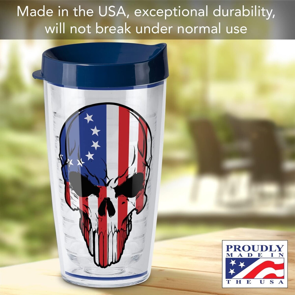 Betsy Ross Flag Skull Double Wall Insulated 16oz Unbreakable Plastic Tumbler with Lid - Microwave & Dishwasher Safe - Perfect for Patriotic Parties, Outdoor Events & Office Use