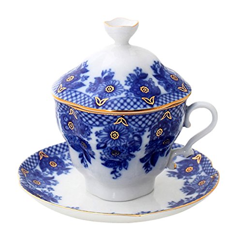 Lomonosov Porcelain Tea Set - 8.45 fl.oz Covered Cup with Saucer & Infuser Basket (250ml) | Elegant Russian Tea Ceremony & Afternoon Tea Accessories