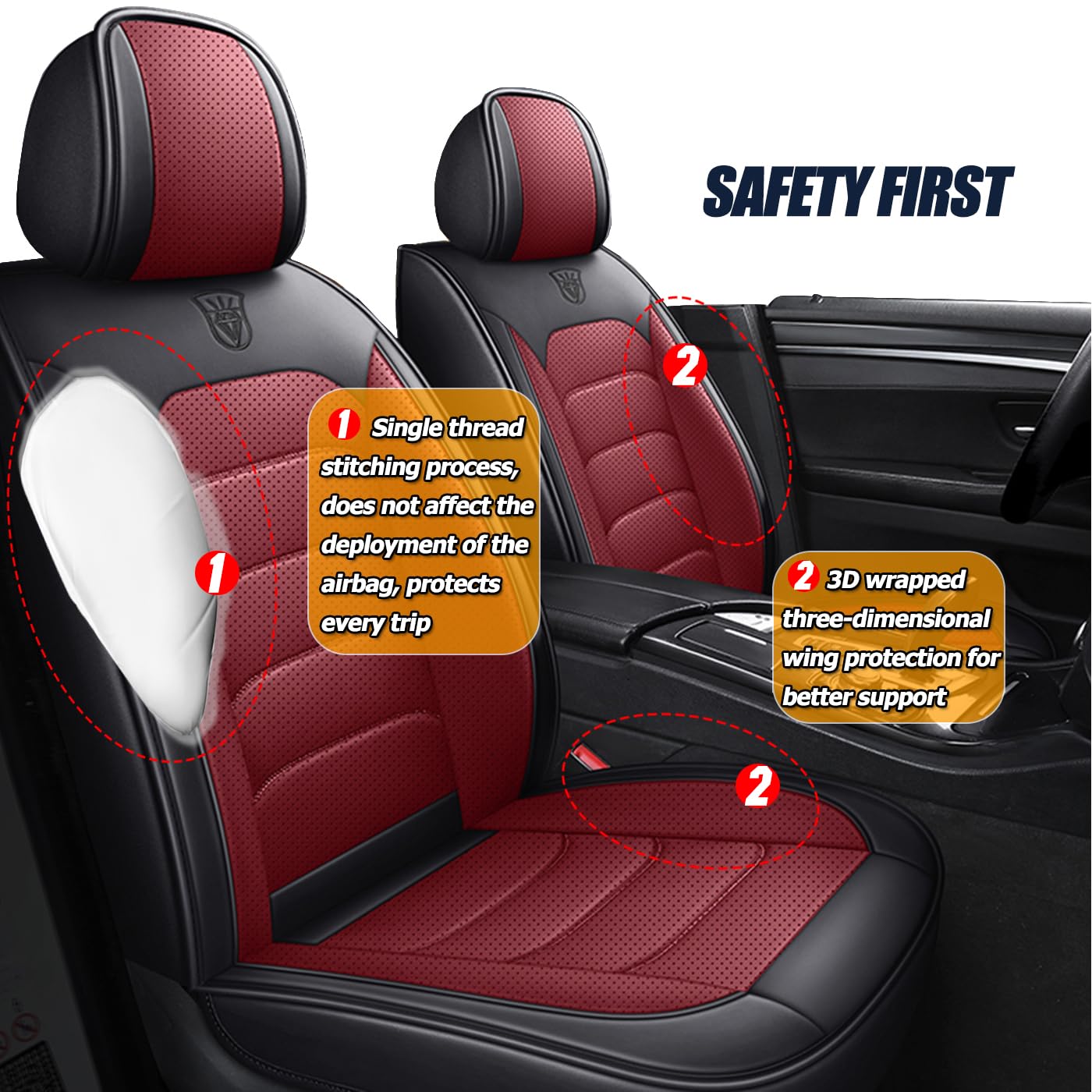 Universal 5-Seat Car Seat Covers - Premium Nappa Leather, Super Breathable & All-Season Use with 3D Foam Back Support & Storage Bags (Black/Red) - Perfect for SUVs, Sedans & Family Road Trips