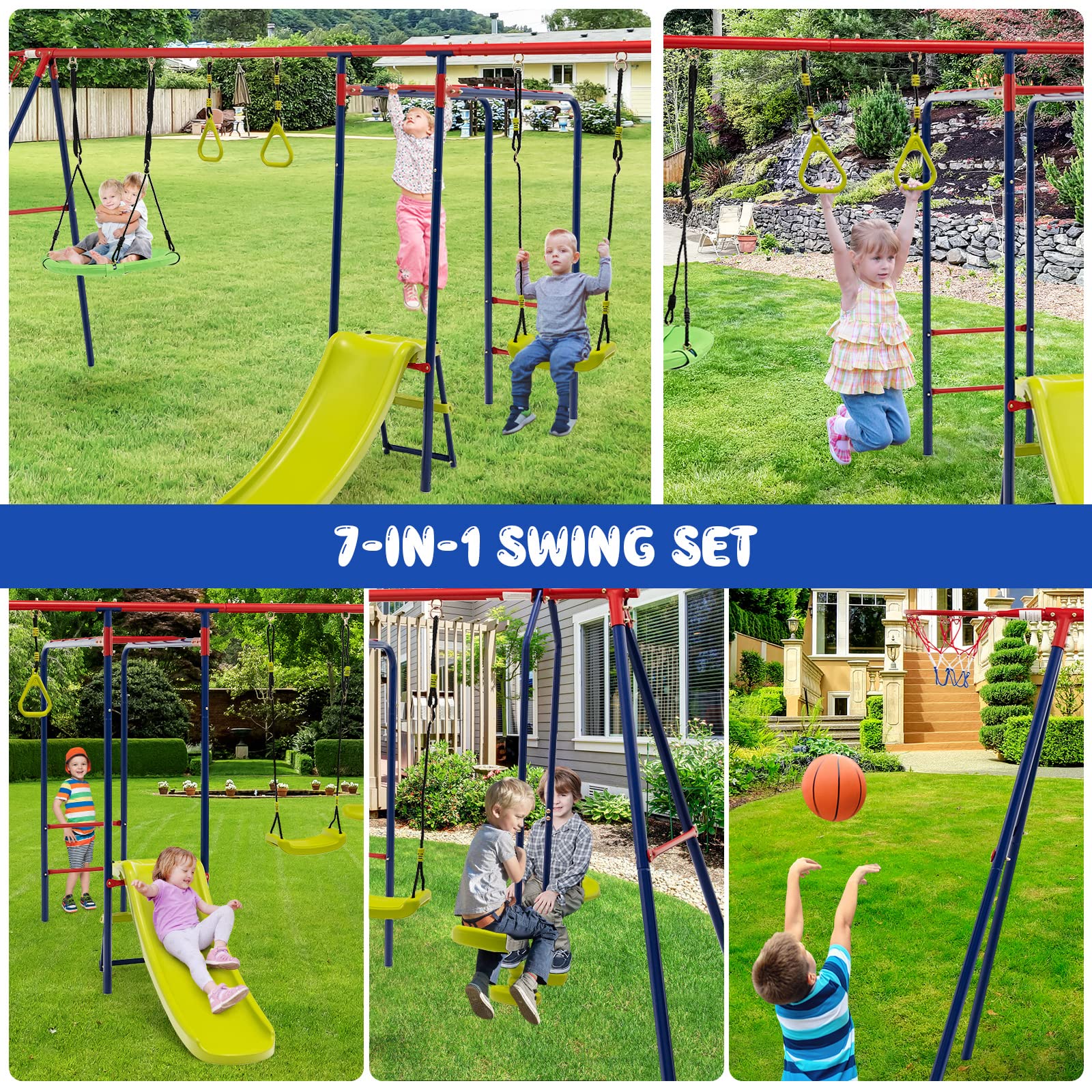 OLAKIDS 7-in-1 Heavy Duty Metal Swing Set for Backyard - 660LBS Capacity A-Frame Playset with Monkey Bars, Slide, 2 Swings, Glider, Trapeze Rings & Basketball Hoop | Outdoor Playground Equipment for Kids | Perfect for Backyard Fun, Birthday Gifts & Family Bonding Activities