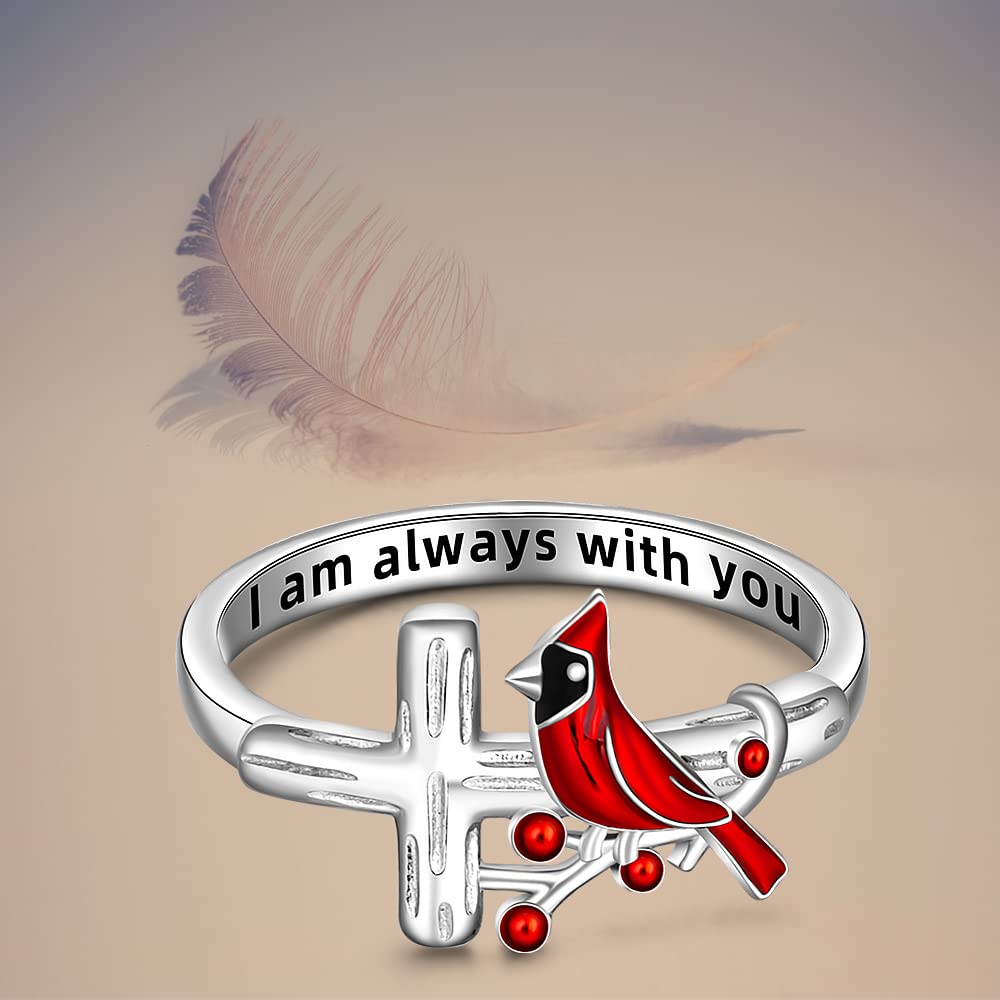 Red Cardinal Ring - Sterling Silver Angel Memorial Jewelry for Women | Spiritual Cross Ring in Sizes 6-10 | Perfect for Sympathy Gifts, Remembrance Jewelry & Spiritual Protection