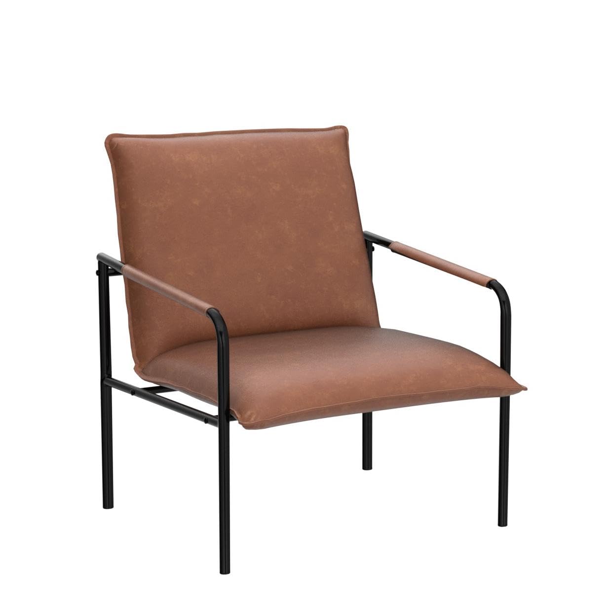 MAISON ARTS Mid Century Modern Faux Leather Accent Lounge Chair - Retro Steel Frame Armchair for Living Room, Bedroom & Office - 350LBS Weight Capacity - Pale Brown - Perfect for Small Spaces, Reading Nooks & Cozy Home Decor