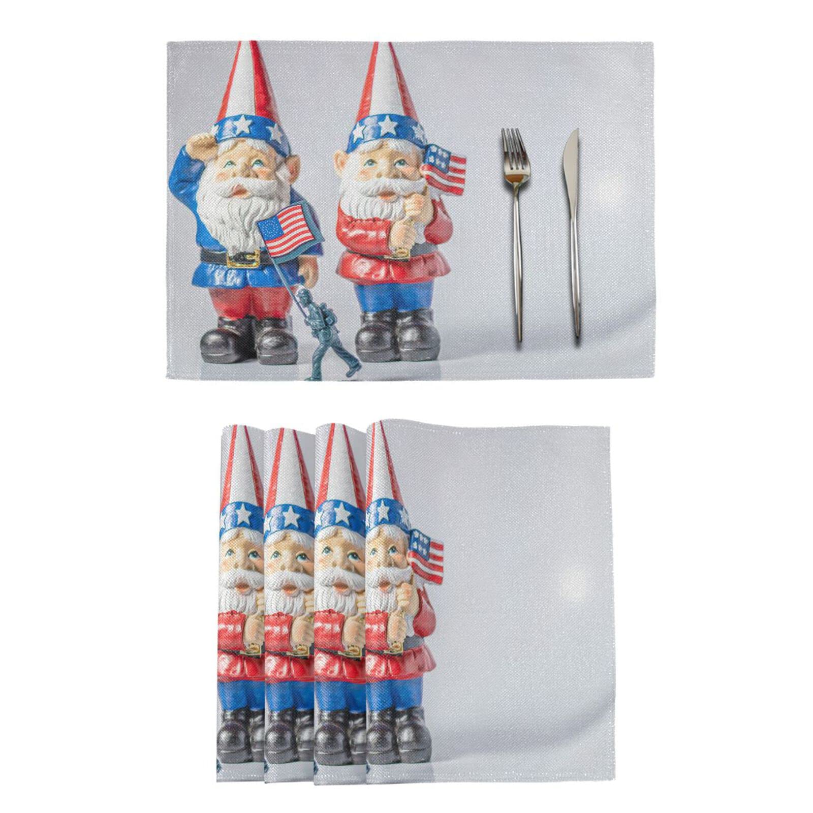 Patriotic Gnomes Salute Placemats Set of 4 - Washable & Heat Resistant 12x18 Inch Kitchen Table Mats for 4th of July, Memorial Day, Independence Day Decor - Perfect for Outdoor Picnics, BBQ Parties & Holiday Dining