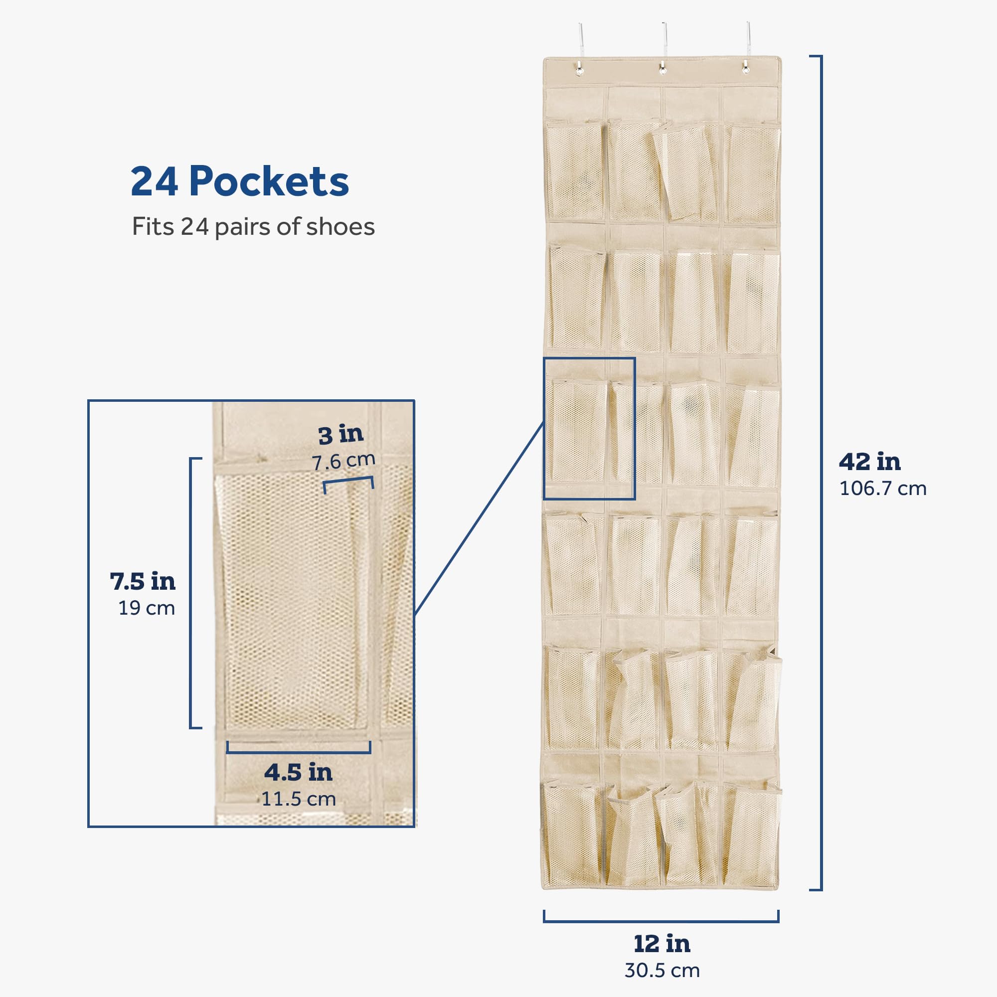 ZOBER Over the Door Shoe Organizer with 24 Mesh Pockets - Space Saving Hanging Storage for Shoes, Towels, Toys & Pantry Items - Perfect for Closet, Bedroom, Bathroom & Entryway Organization