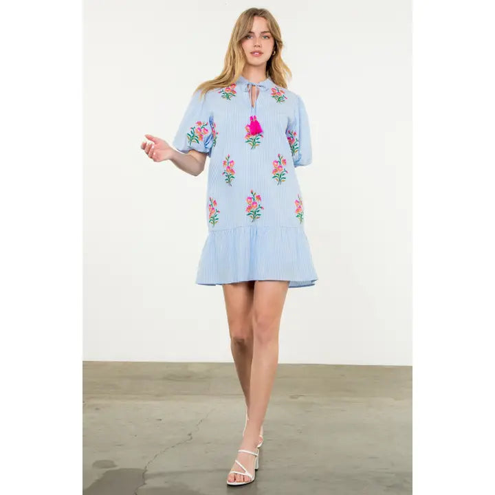 Stylish Embroidered Striped Dress for Women - Floral Summer Casual Dress - Perfect for Beach, Vacation, and Date Nights