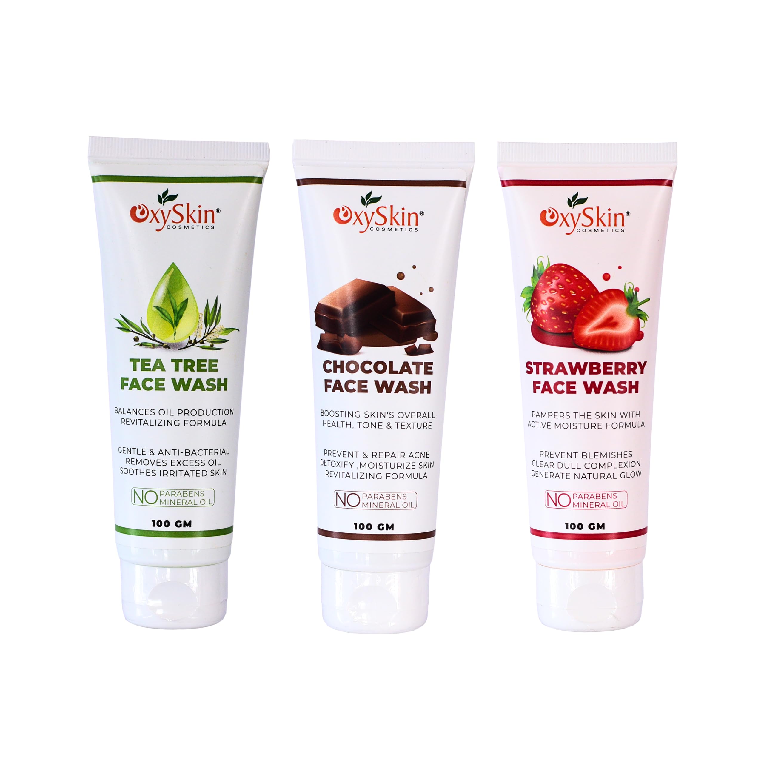Oxyskin Cosmetics Tea Tree Face Wash, Chocolate Face Wash & Strawberry Face Wash - 3-Pack Set for Acne Control & Deep Cleansing | Perfect for Daily Skincare Routine & Travel