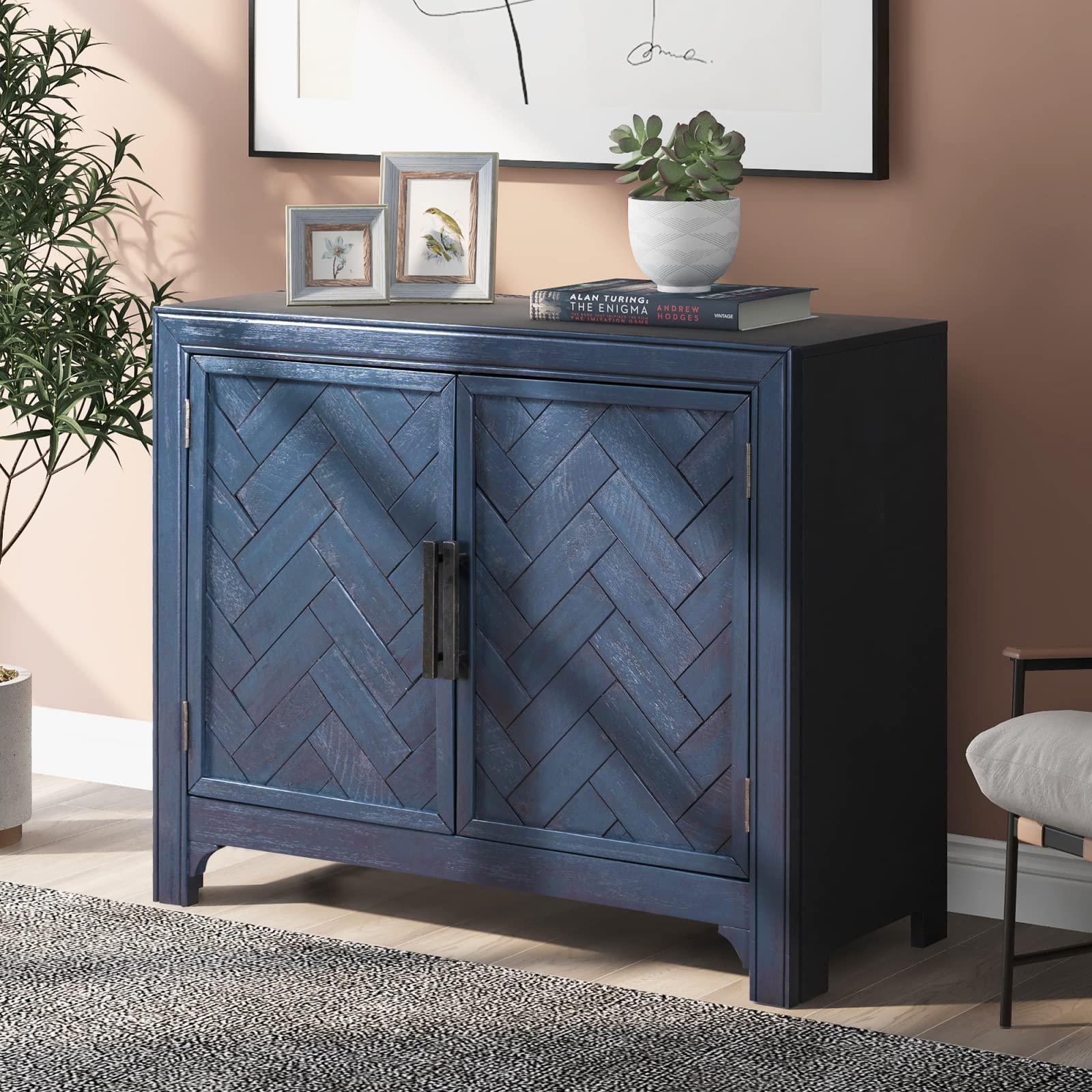 Blue Accent Cabinet with Herringbone Pattern Doors - 2 Adjustable Shelves Buffet Table for Entryway, Kitchen, Dining & Living Room - Stylish Wood Sideboard for Home Decor & Storage