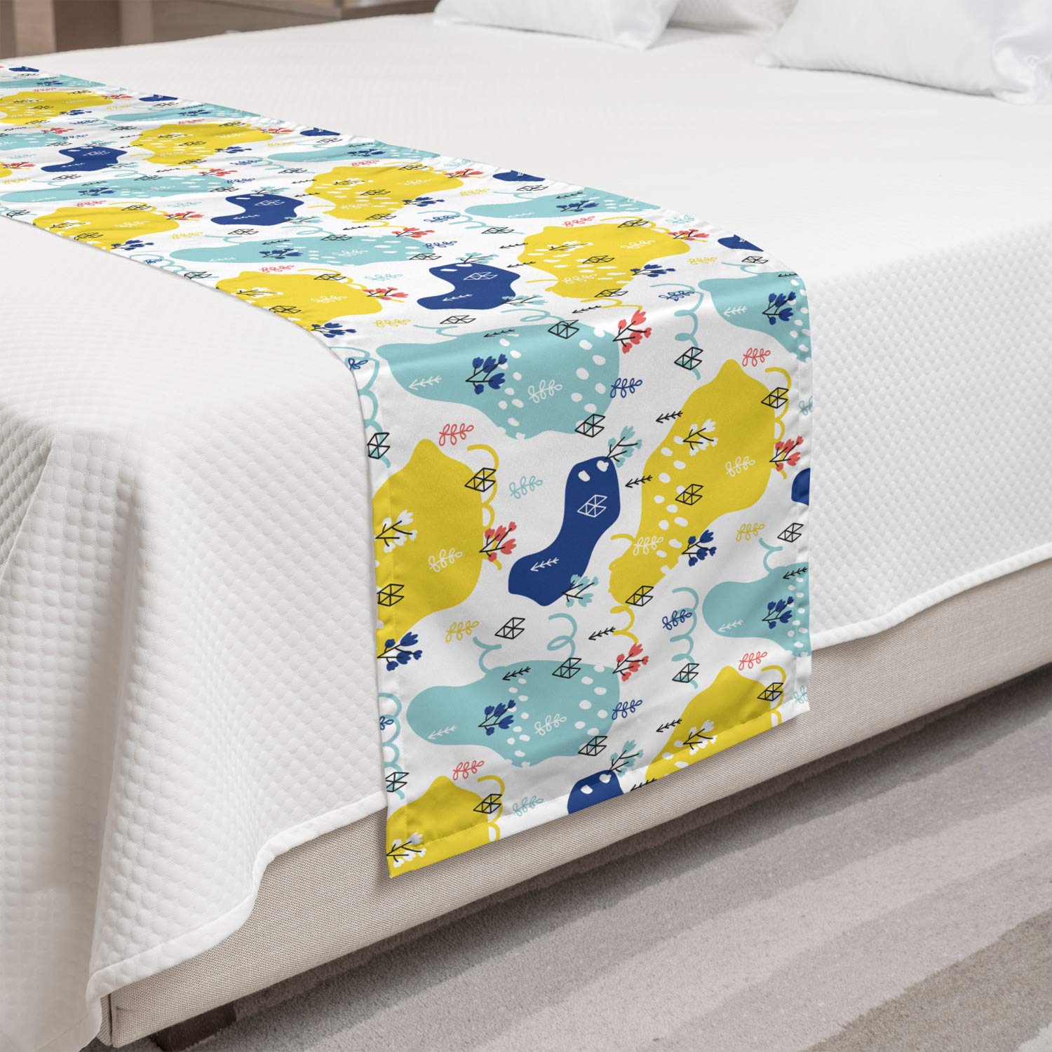Ambesonne Botanical Bed Runner - Doodle Style Summer Geometric Leaves Blossoms Design - Decorative Bed Scarf for Queen King Beds - Perfect for Hotels, Homes & Guestrooms - White & Multicolor - Ideal for Spring/Summer Bedroom Decor & Wedding Guest Room Accents