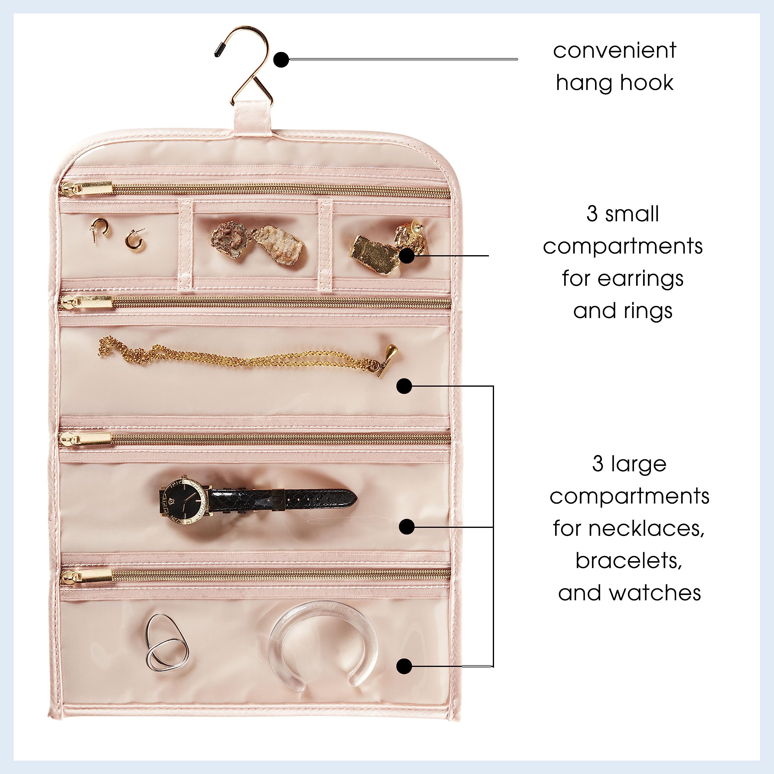 Conair Travel Jewelry Organizer - 6-Zippered Pockets Jewelry Bag for Women, Blush Pink | Compact Jewelry Case for Necklaces, Rings & Earrings | Perfect for Vacation, Business Trips & Daily Use